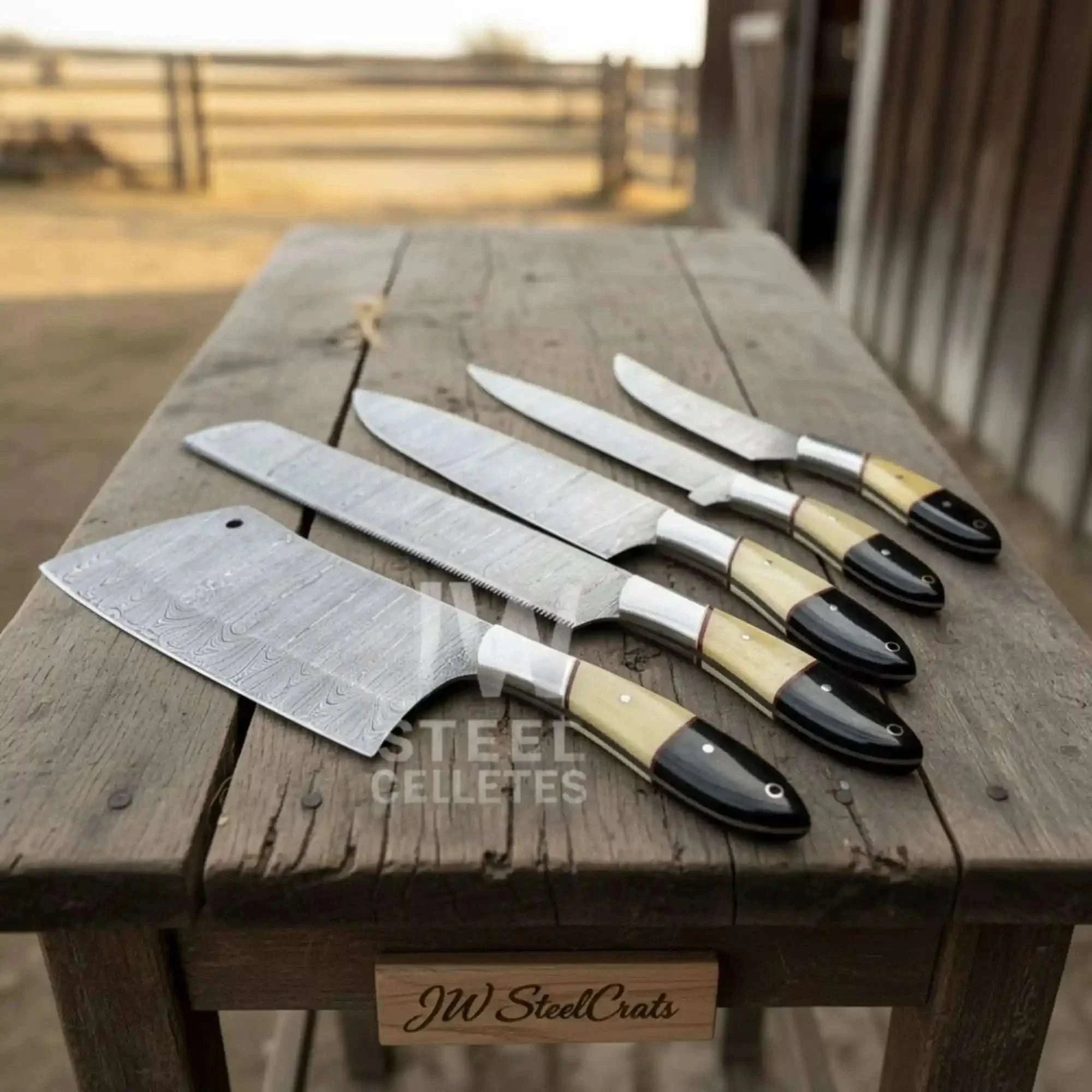 Palmarius Outdoors 5-Piece Damascus Chef Knife Set – Camel Bone and Black Micarta Handles Handmade Chef Knife Sets