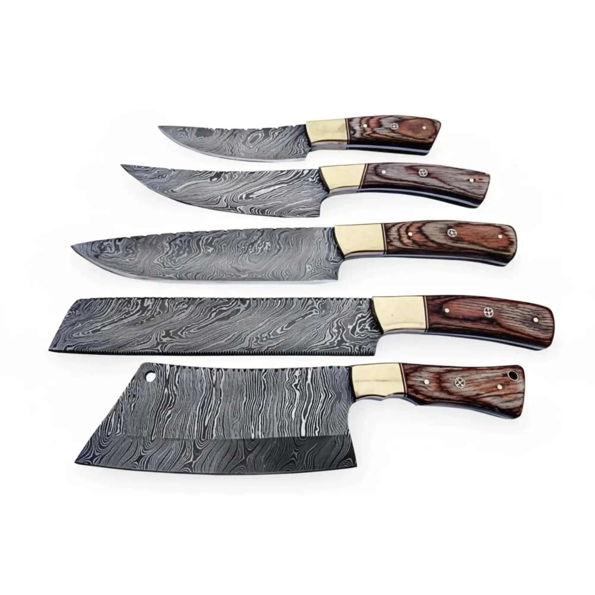 Palmarius Outdoors Handmade Damascus Kitchen Knife Set of 5 with Full Tang Wood Handles Handmade Chef Knife Sets