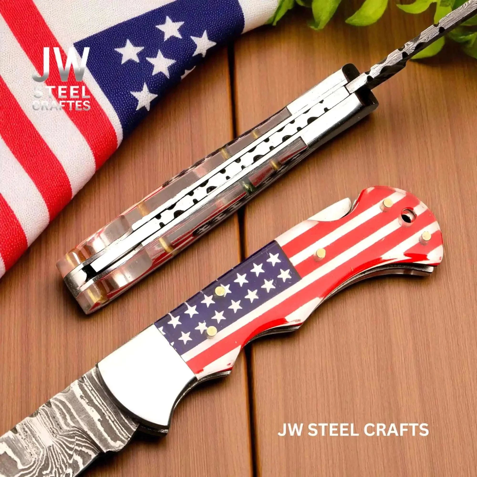 Palmarius Outdoors American Flag Damascus Folding Hunter with Ram Horn Handle Back Lock Folder
