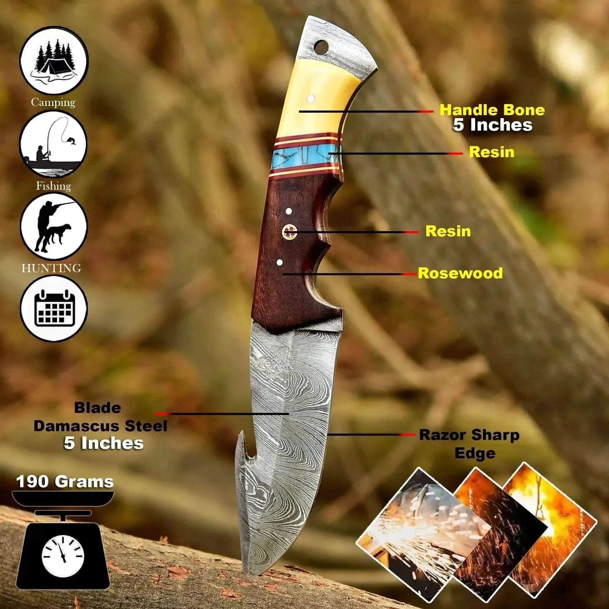 Palmarius Outdoors 10-Inch Damascus Gut Hook Hunting Knife — Bone, Turquoise Resin & Rosewood Handle Handmade Gut Hook Knives