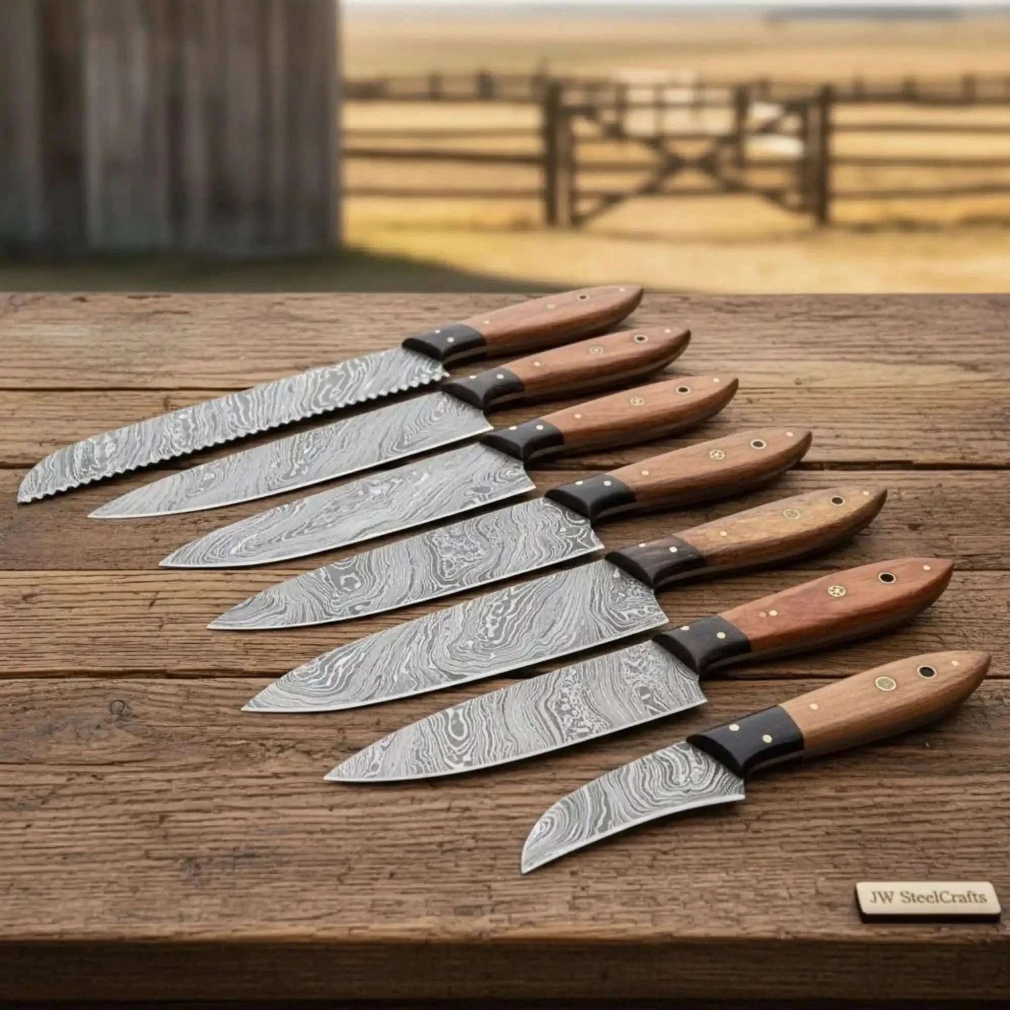 Palmarius Outdoors 7-Piece Damascus Kitchen Knife Set with Pakka Wood Handles by JW SteelCrafts Handmade Chef Knife Sets
