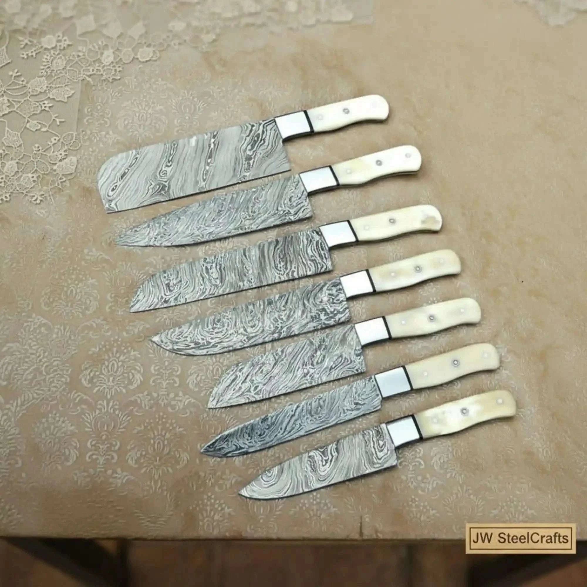 Palmarius Outdoors 7-Piece Damascus Cleaver and Prep Knife Set with White Bone Handles — 8 to 10-Inch Blades Handmade Chef Knife Sets