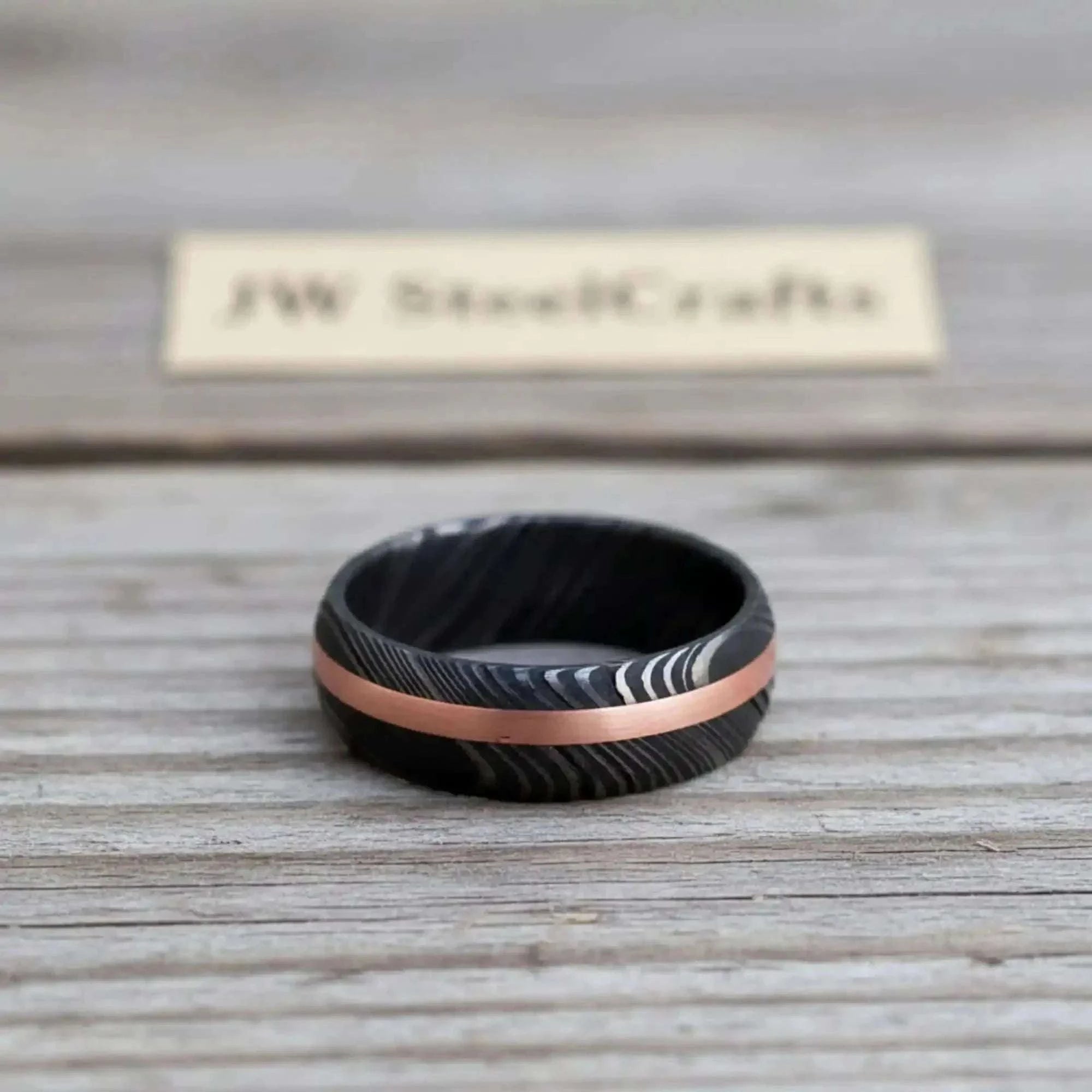 Palmarius Outdoors Damascus Offset Copper Inlay Ring with a Domed Dark Band 