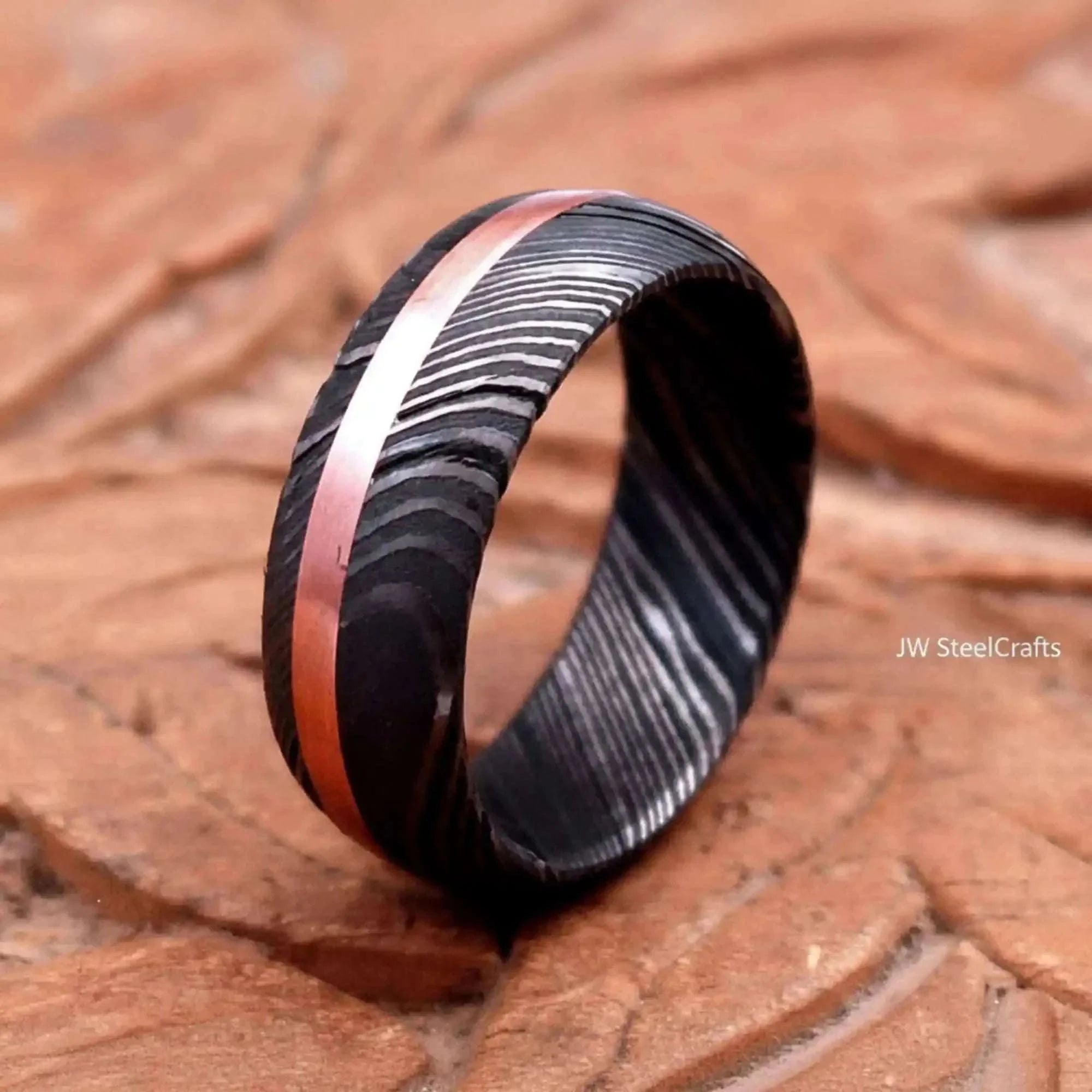 Palmarius Outdoors Damascus Offset Copper Inlay Ring with a Domed Dark Band 
