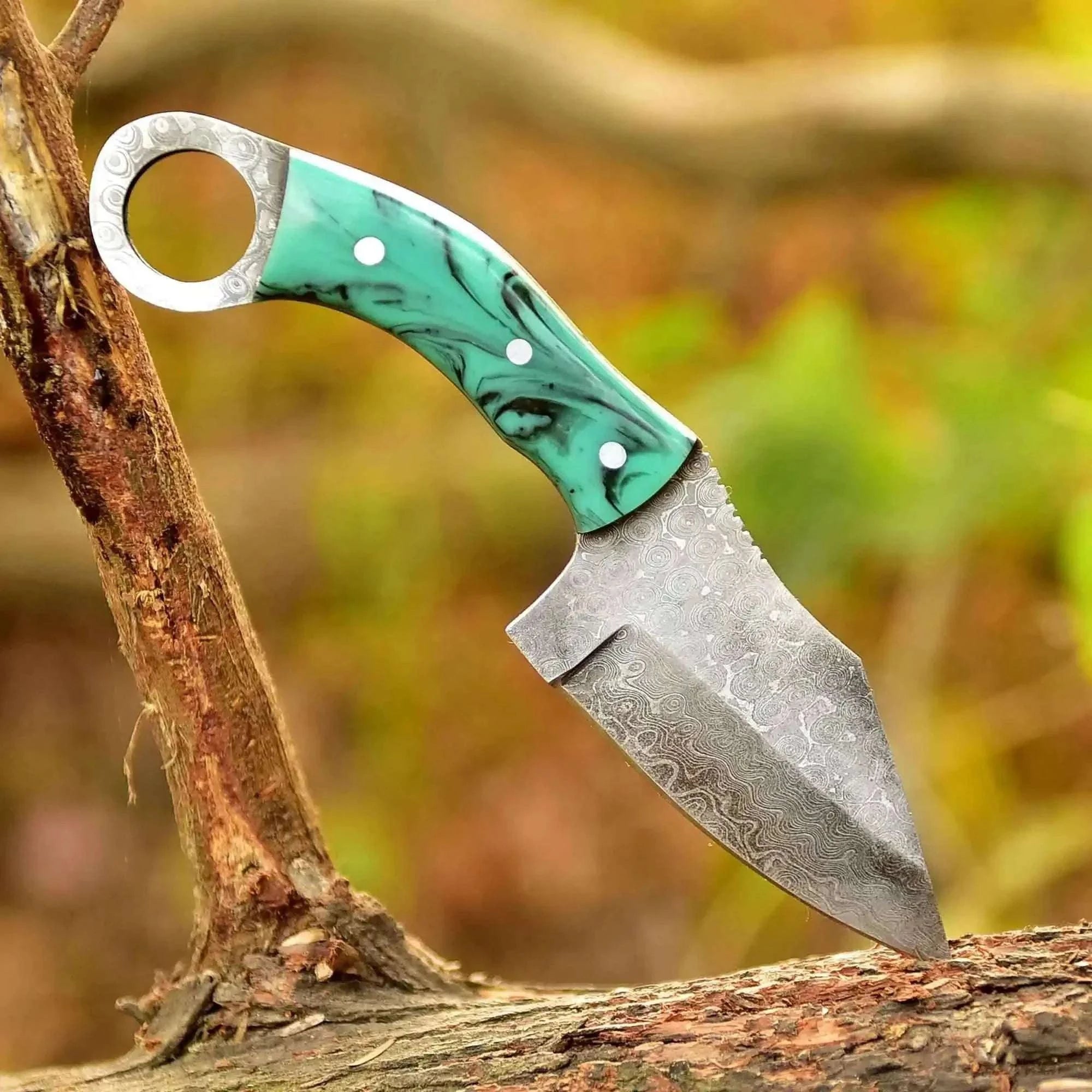 Palmarius Outdoors 2 Piece Damascus Steel Ring Handle Knife Set with Bone Pattern & Green Resin Handles with Leather Sheath Skinner Knife