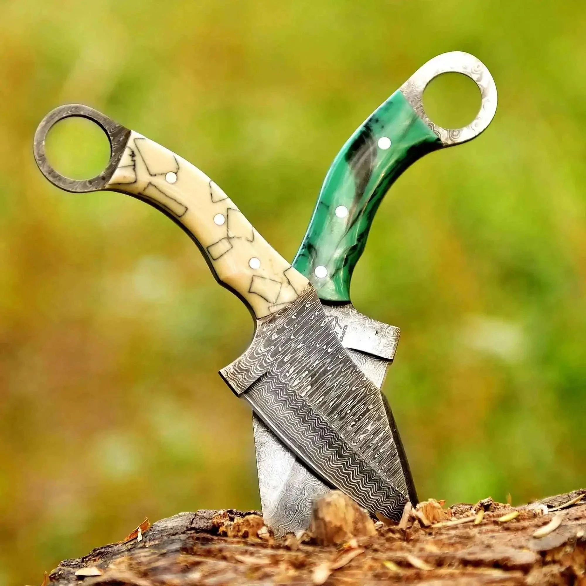 Palmarius Outdoors 2 Piece Damascus Steel Ring Handle Knife Set with Bone Pattern & Green Resin Handles with Leather Sheath Skinner Knife