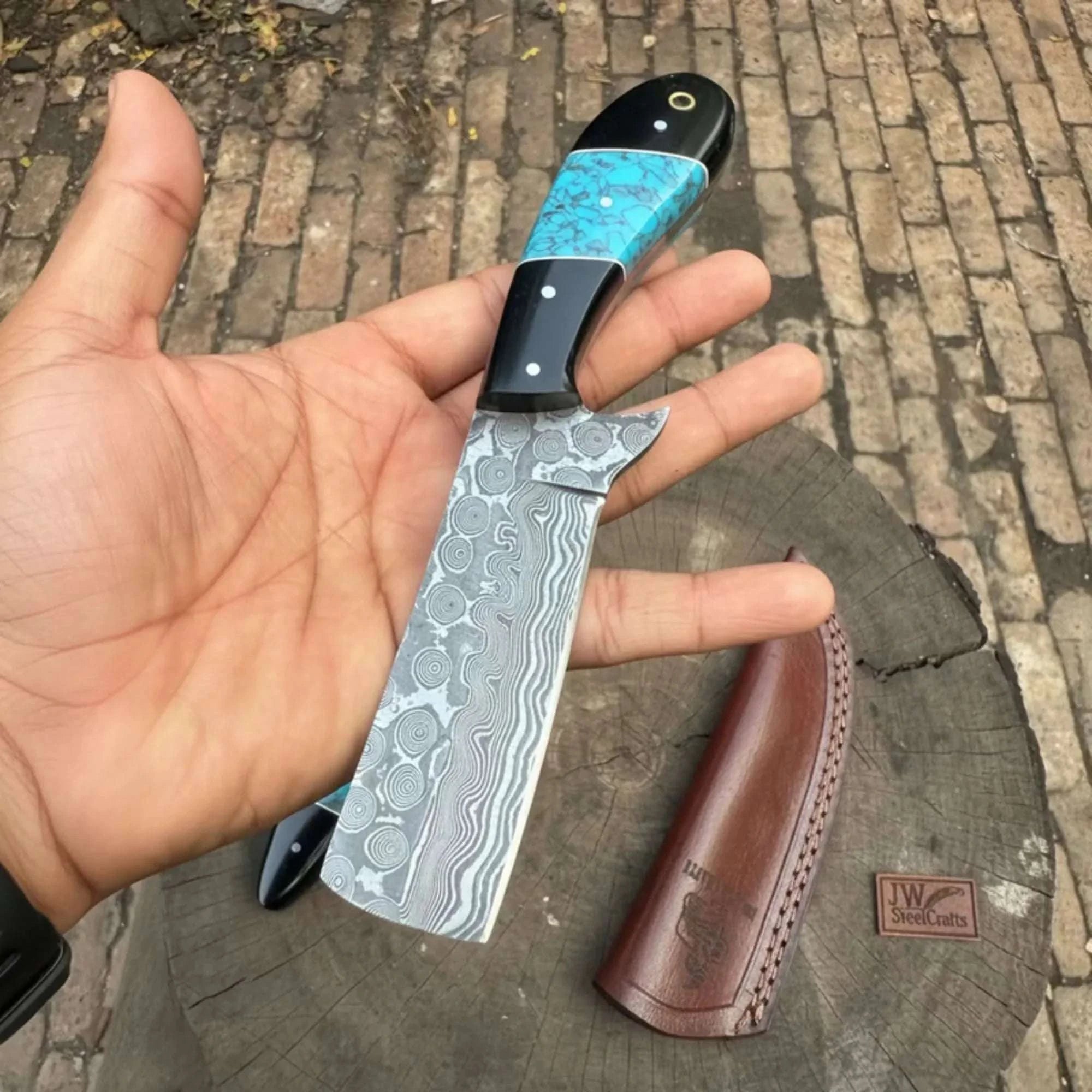 Palmarius Outdoors Handmade Damascus Skinner 7”–8” Knife Set Cowboy Ranch Blades Turquoise Handle with Sheath 