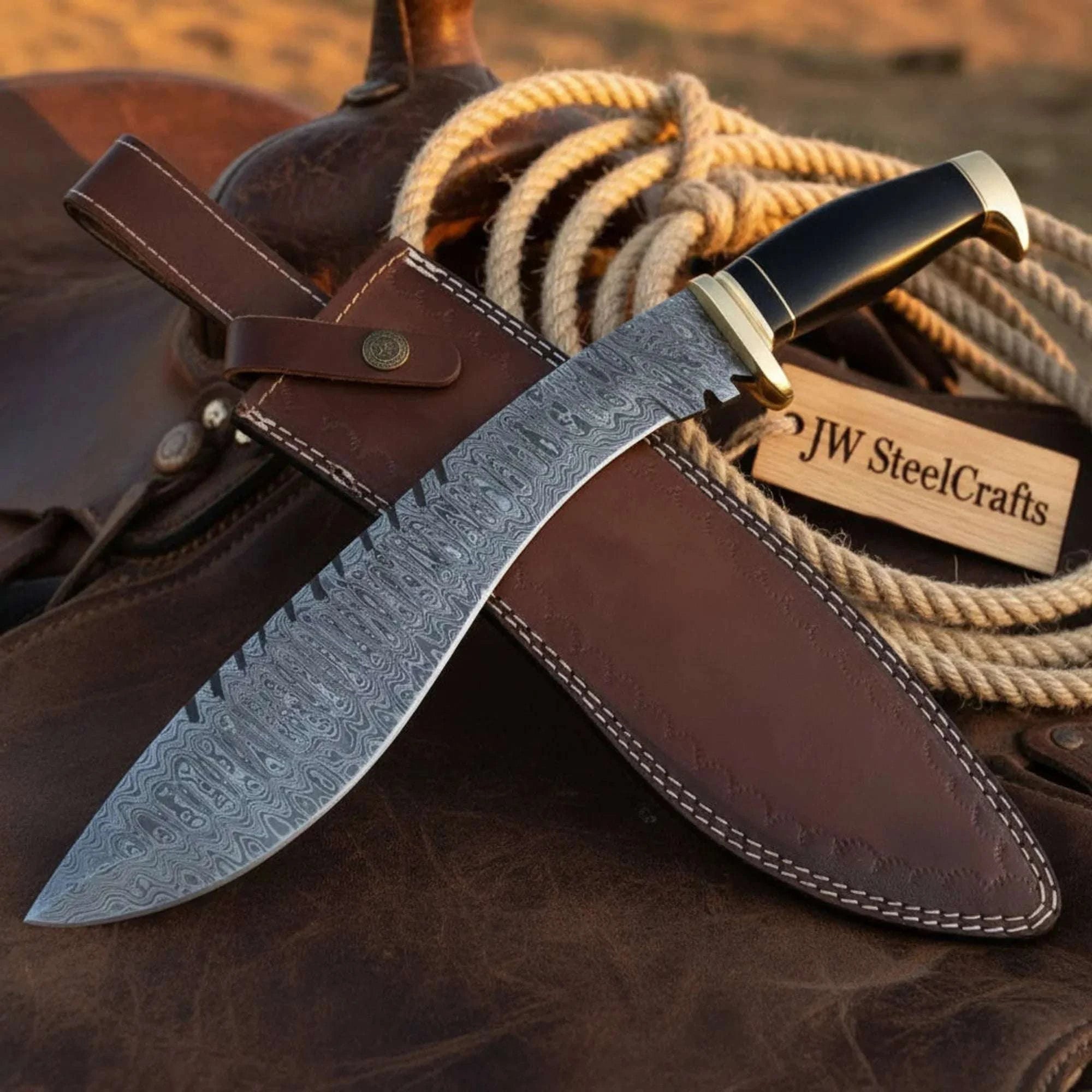 Palmarius Outdoors Handmade Damascus Steel Bowie Knife Wood Handle Brass Guard Full Tang Leather Sheath 