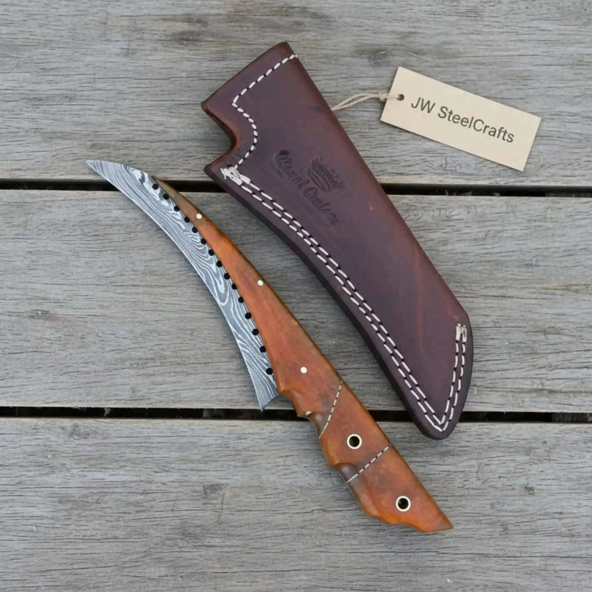 Palmarius Outdoors Handmade Damascus Steel Bushcraft Knife with Wooden Handle & Leather Sheath Bushcraft Knife