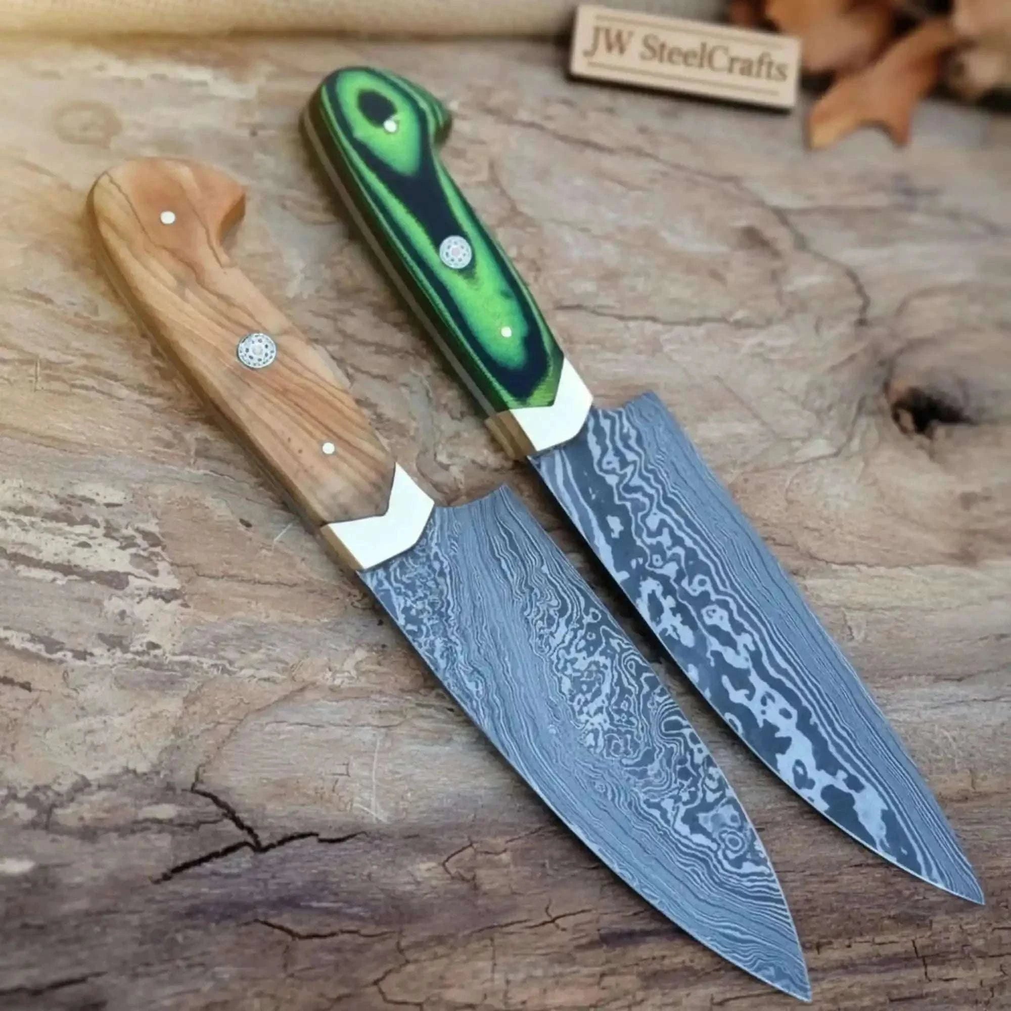 Palmarius Outdoors Handmade Damascus Steel Chef Knife Set - 2-Piece with Wooden & Green Resin Handles Chef Knife