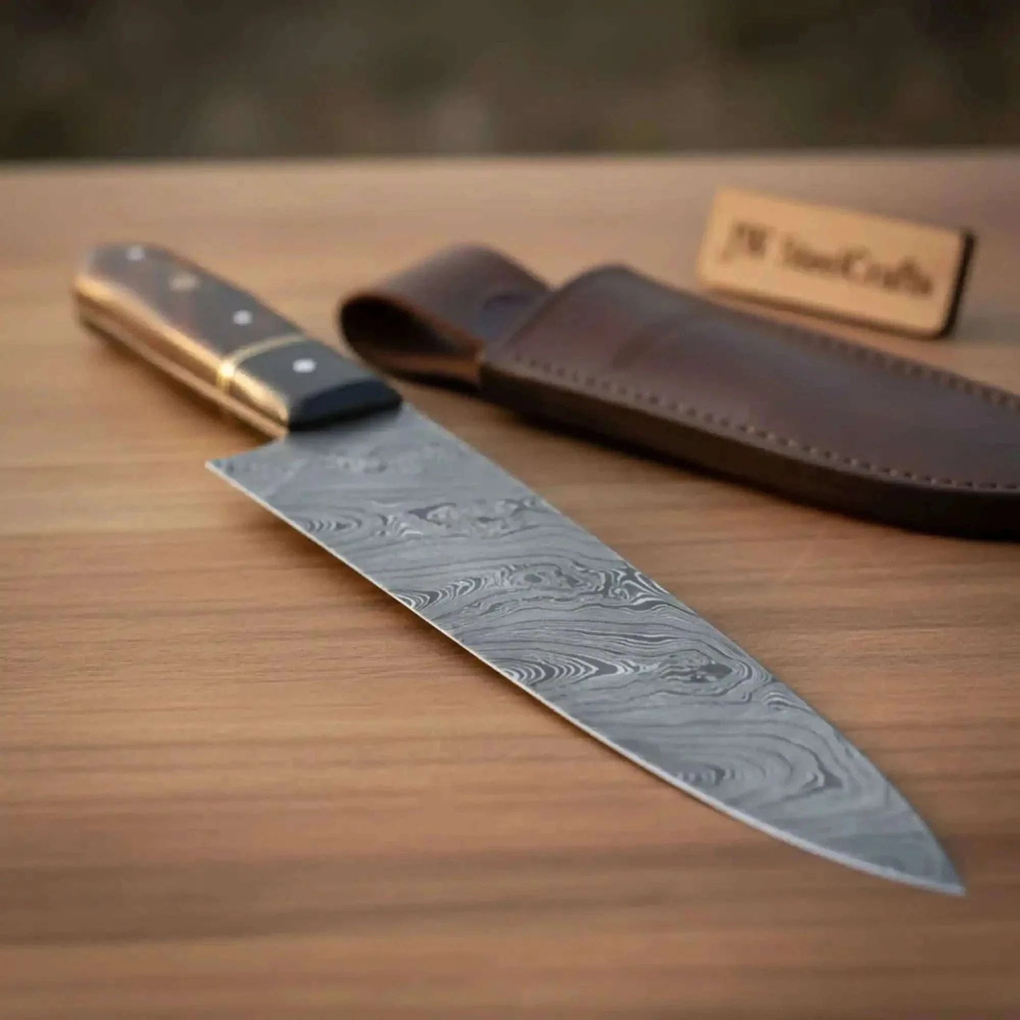 Palmarius Outdoors Handmade Damascus Steel Chef Knife - 8-Inch Blade with Leather Sheath & Wooden Handle Chef Knife