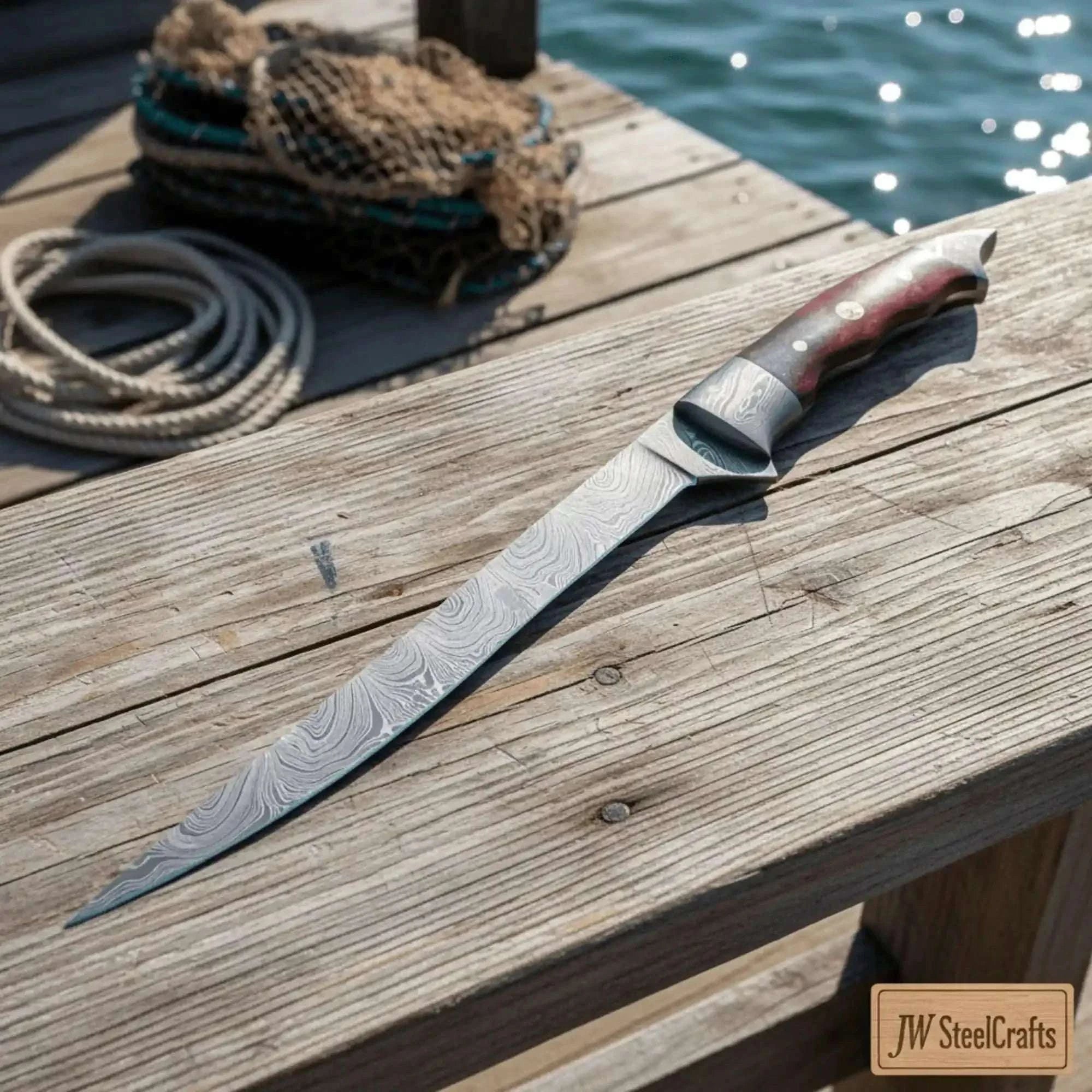 Palmarius Outdoors Handmade 13 Inch Overall Damascus Steel Fillet Knife – Full Tang Fishing Knife with Hardwood Handle and Leather Sheath. Handmade Fillet Knives