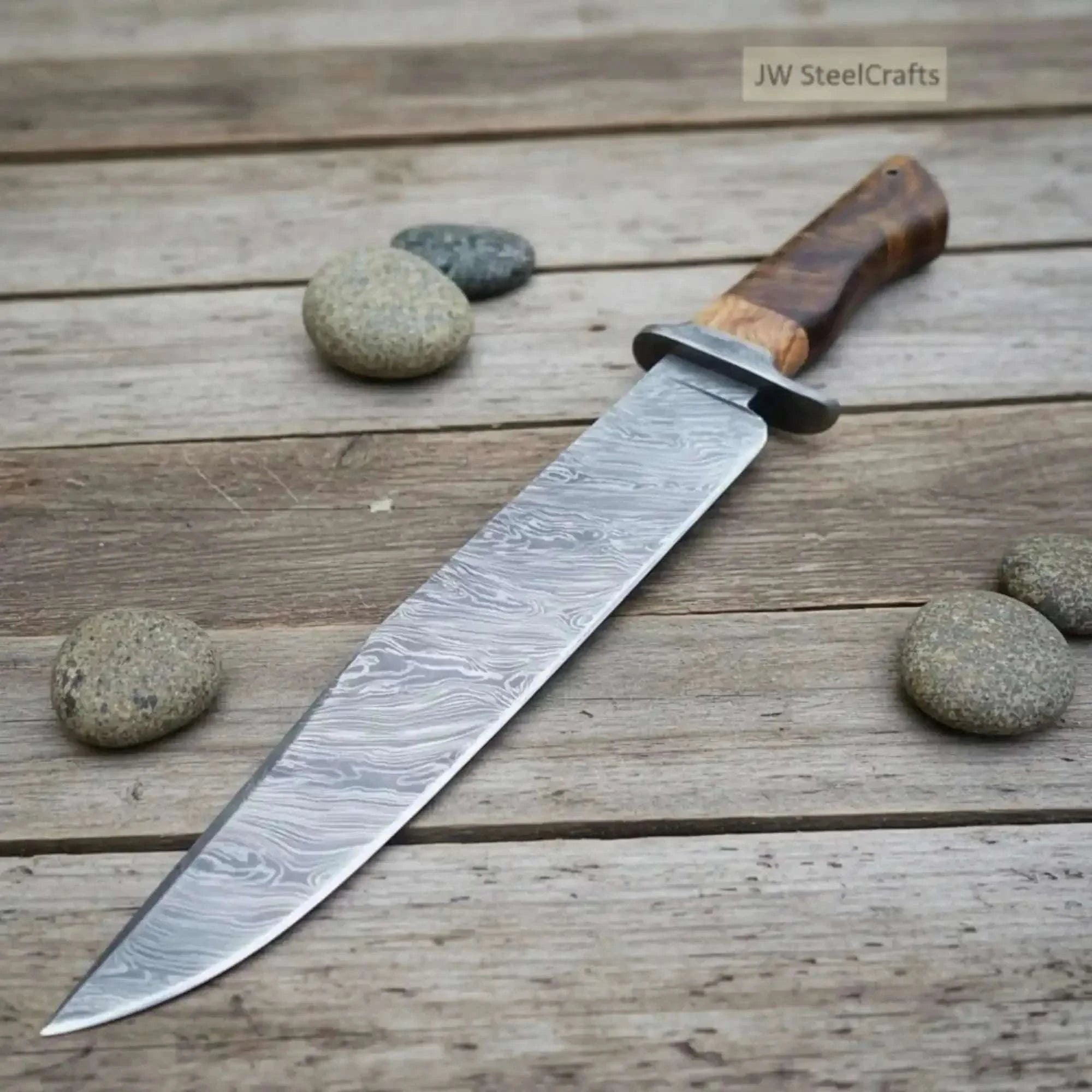 Palmarius Outdoors Handmade Damascus Steel Fighter Knife - Combat Blade with Wooden Handle & Leather Sheath Fighter Knife
