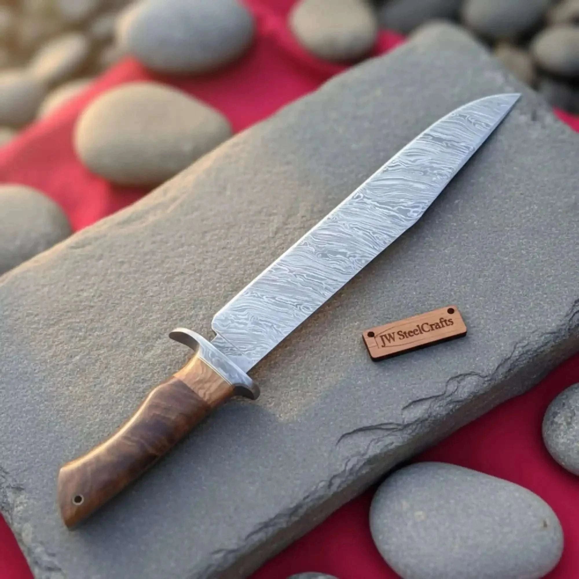 Palmarius Outdoors Handmade Damascus Steel Fighter Knife - Combat Blade with Wooden Handle & Leather Sheath Fighter Knife