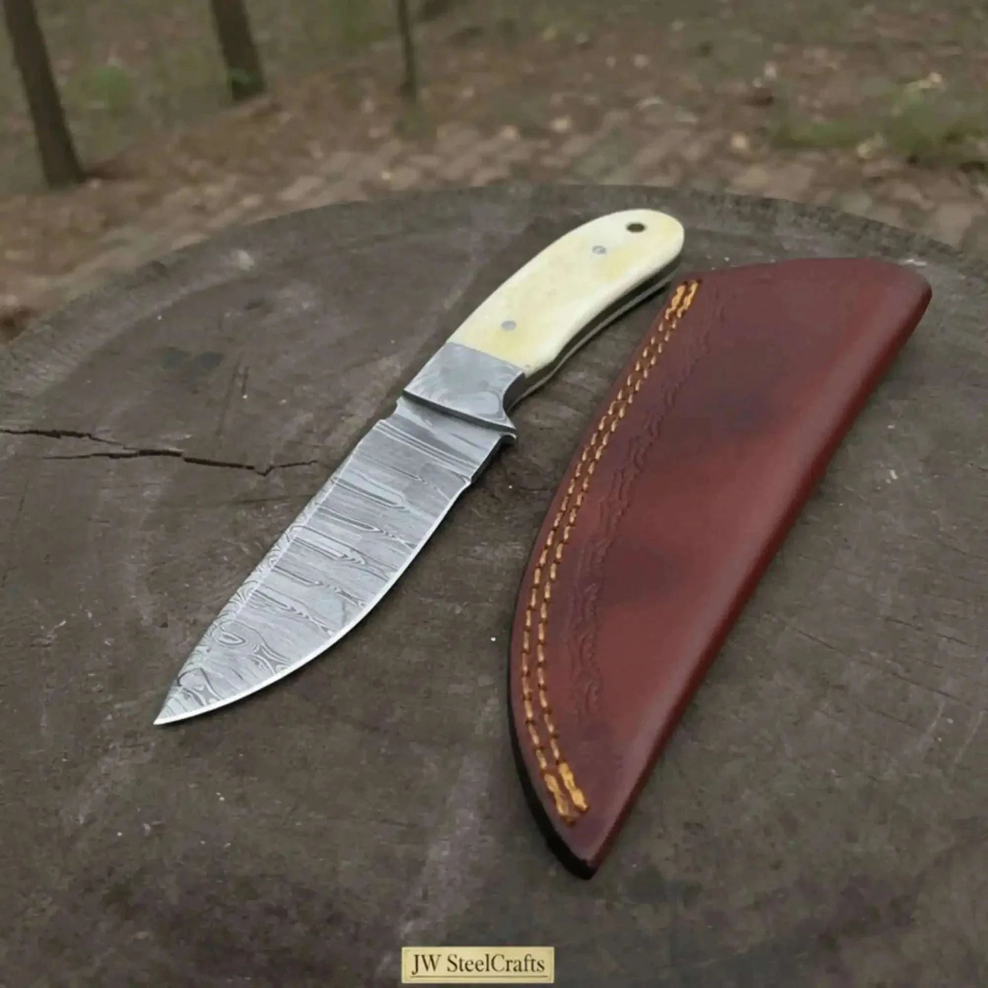 Palmarius Outdoors Handmade Damascus Skinner Knife 4” Blade Fixed Blade Bone Handle Leather Sheath 