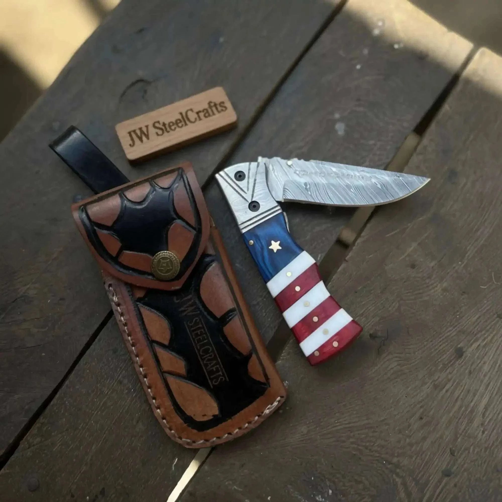 Palmarius Outdoors Patriot Damascus Folding Knife with Leather Sheath 