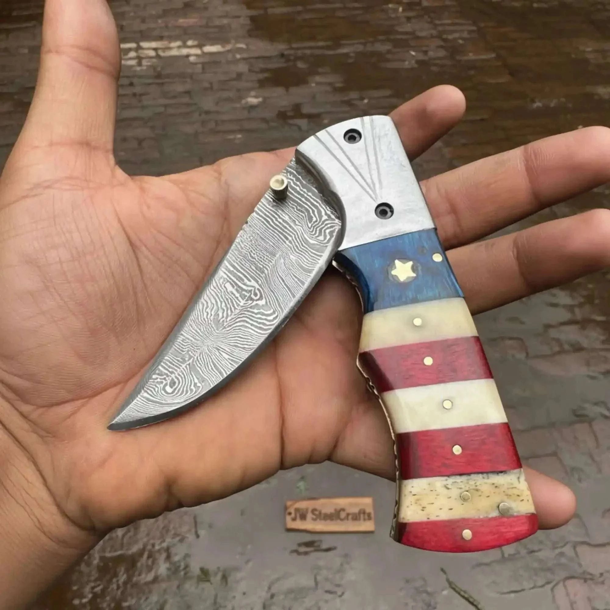 Palmarius Outdoors Paul Revere EDC Knife 3.5” blade – Damascus Folding Pocket Knife with Patriotic USA Flag Handle 