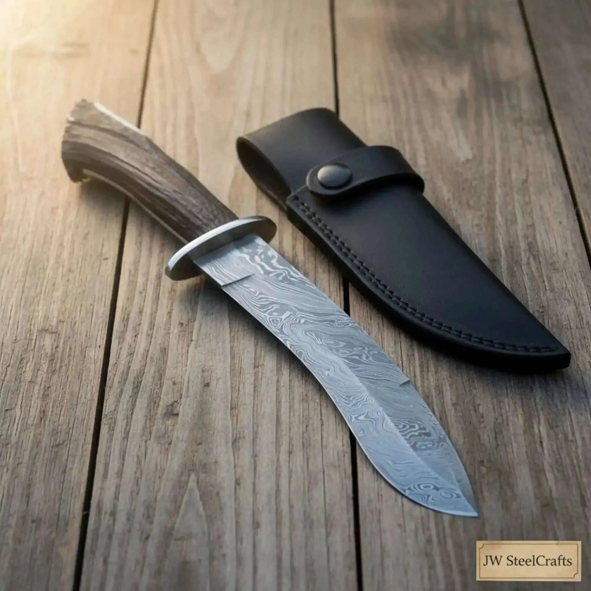 Palmarius Outdoors Hunting Bowie Knife Damascus Steel Blade Stag Handle 
