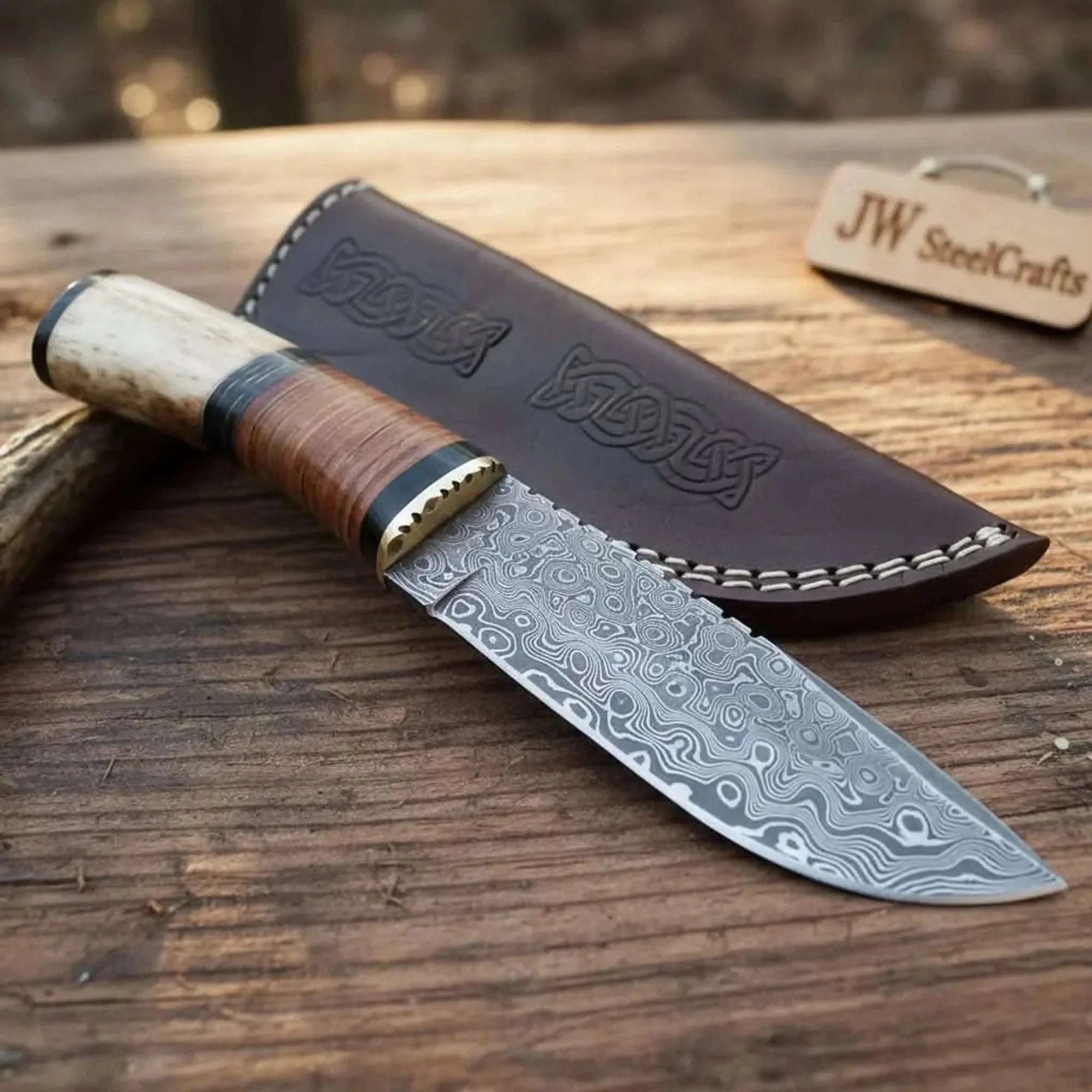 Palmarius Outdoors Handmade Damascus Steel Hunting Knife with Leather Sheath & Bone Handle Hunting Knife