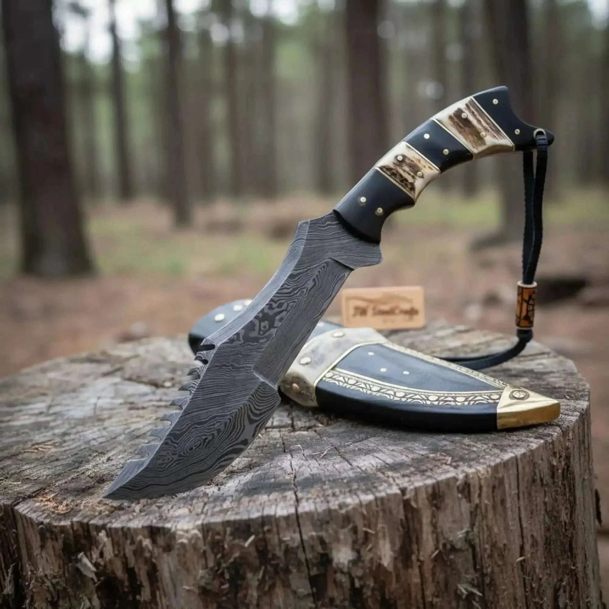 Palmarius Outdoors Tracker Knife Damascus Steel Multi Edge Blade With Leather Sheath 