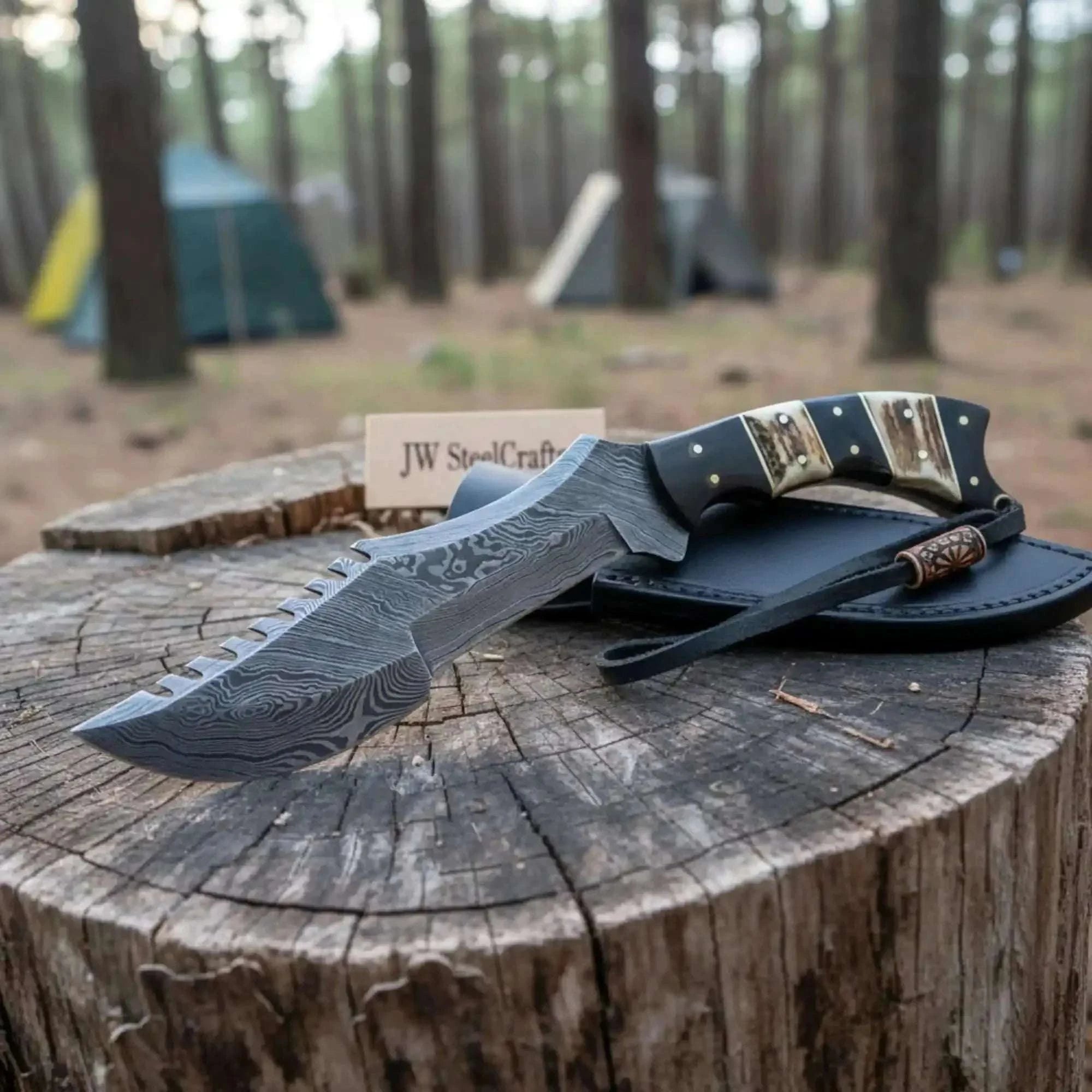 Palmarius Outdoors Tracker Knife Damascus Steel Multi Edge Blade With Leather Sheath 