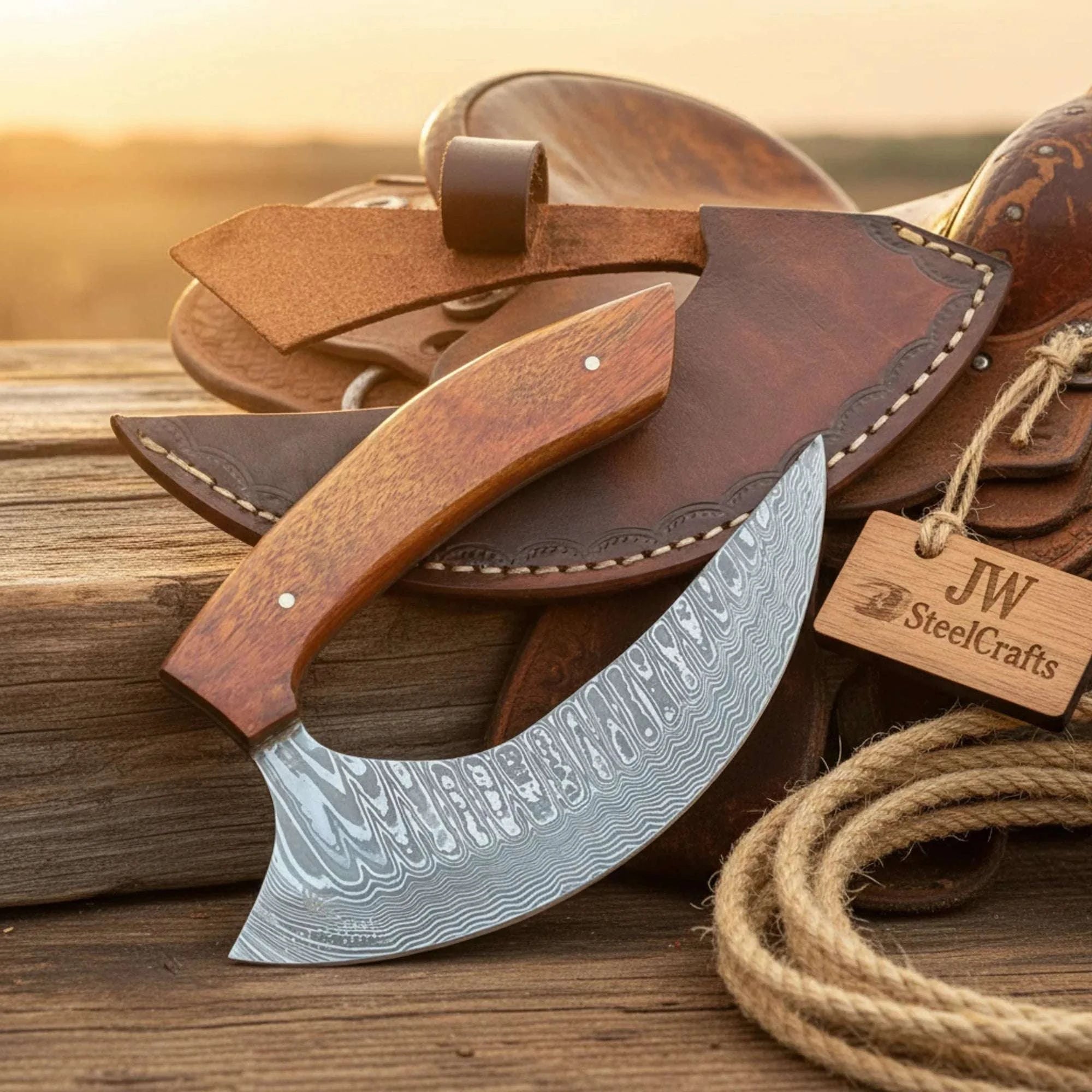 Palmarius Outdoors Handmade Damascus Steel Ulu Knife 12" Wood Handle Full Tang Pizza Cutter Leather Sheath 