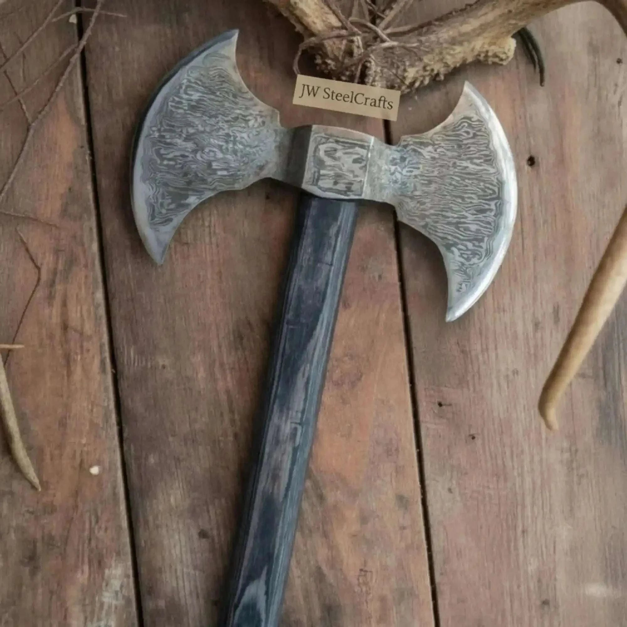 Palmarius Outdoors Handmade Damascus Steel Viking Double-Headed Axe with Wooden Handle Viking Axes
