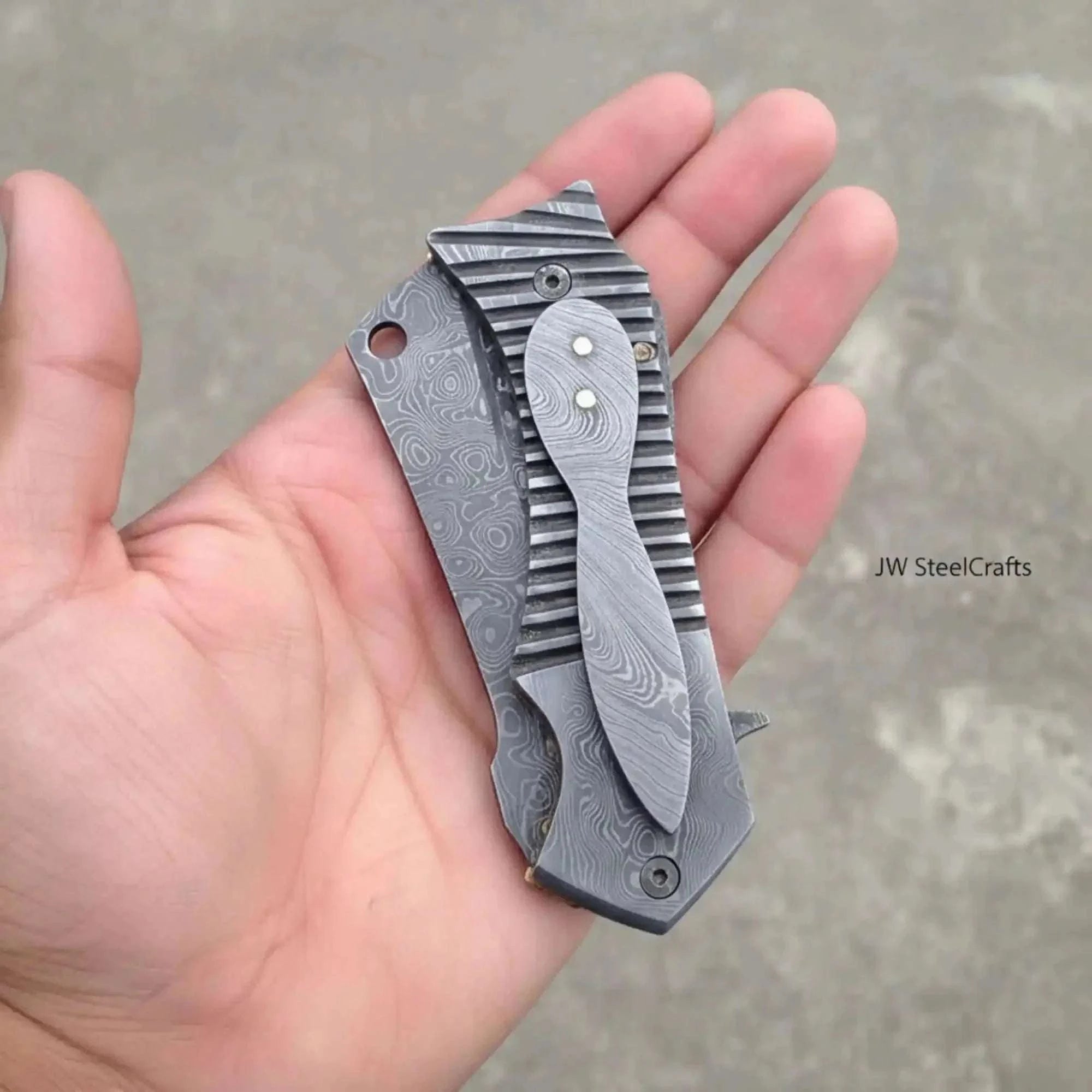 Palmarius Outdoors Damascus Flipper Pocket Cleaver with Fluted Metal Handle Folding Knife