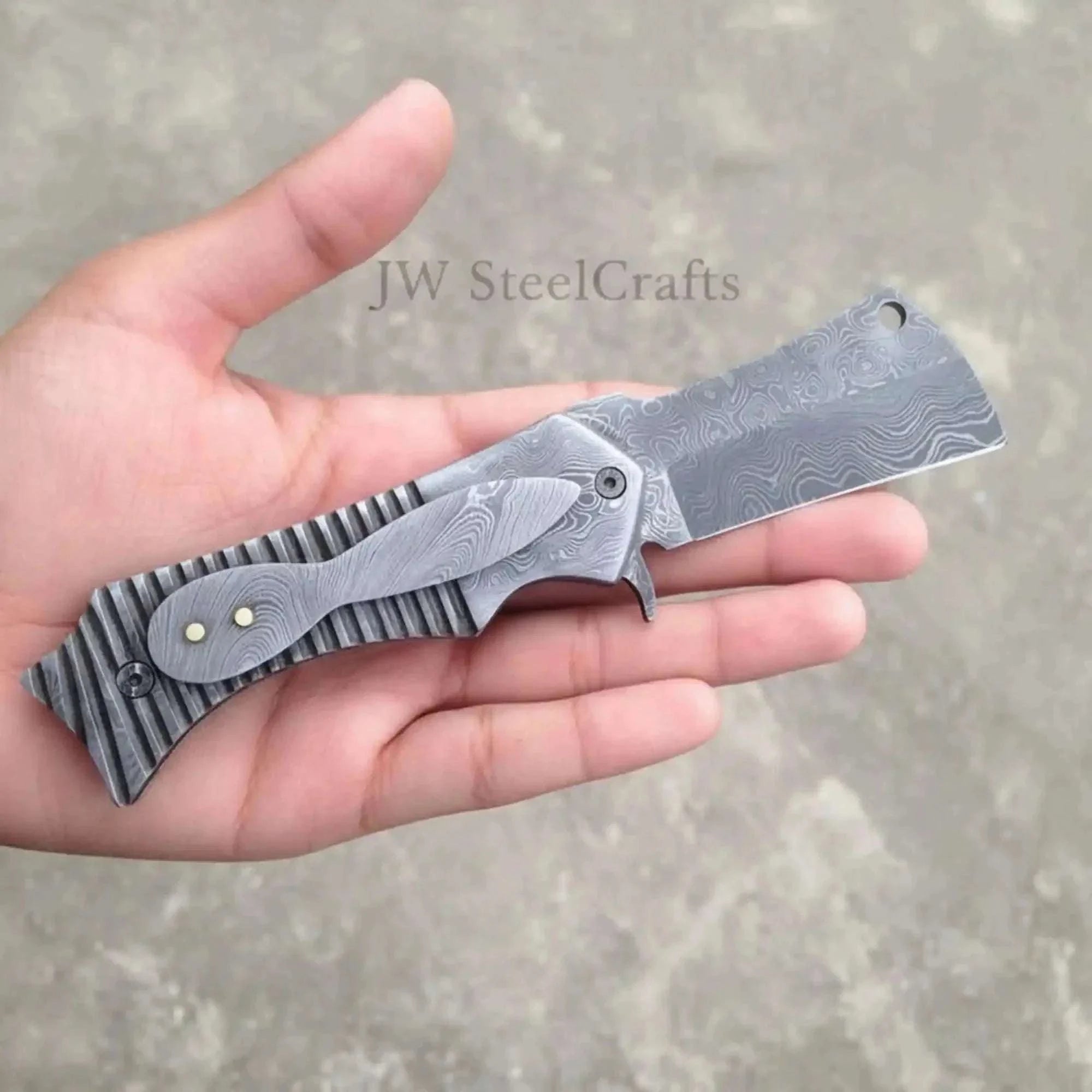 Palmarius Outdoors Damascus Flipper Pocket Cleaver with Fluted Metal Handle Folding Knife