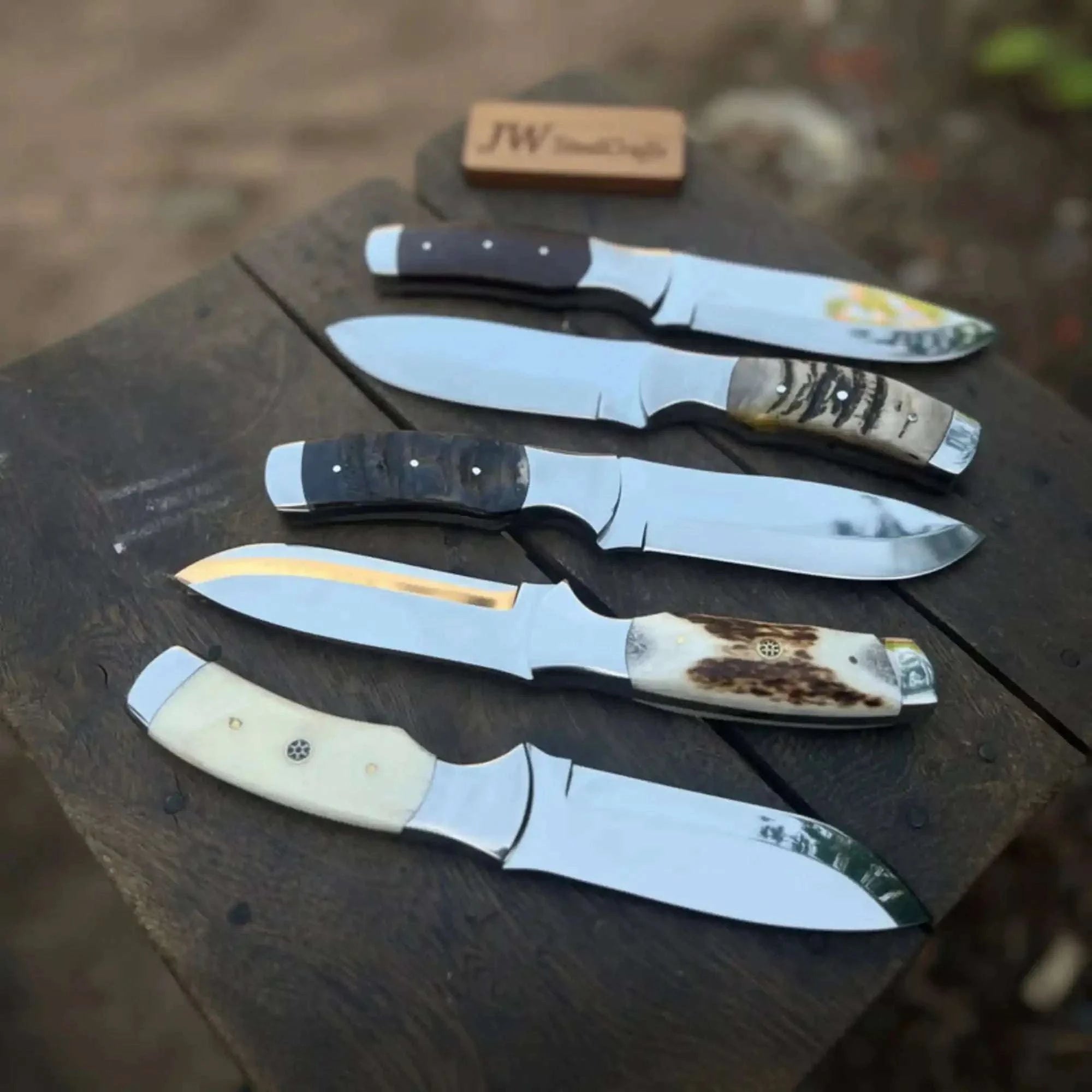 Palmarius Outdoors Handmade Hunting Knife Set with Ram Horn, Stag Horn and Camel Bone Handles 