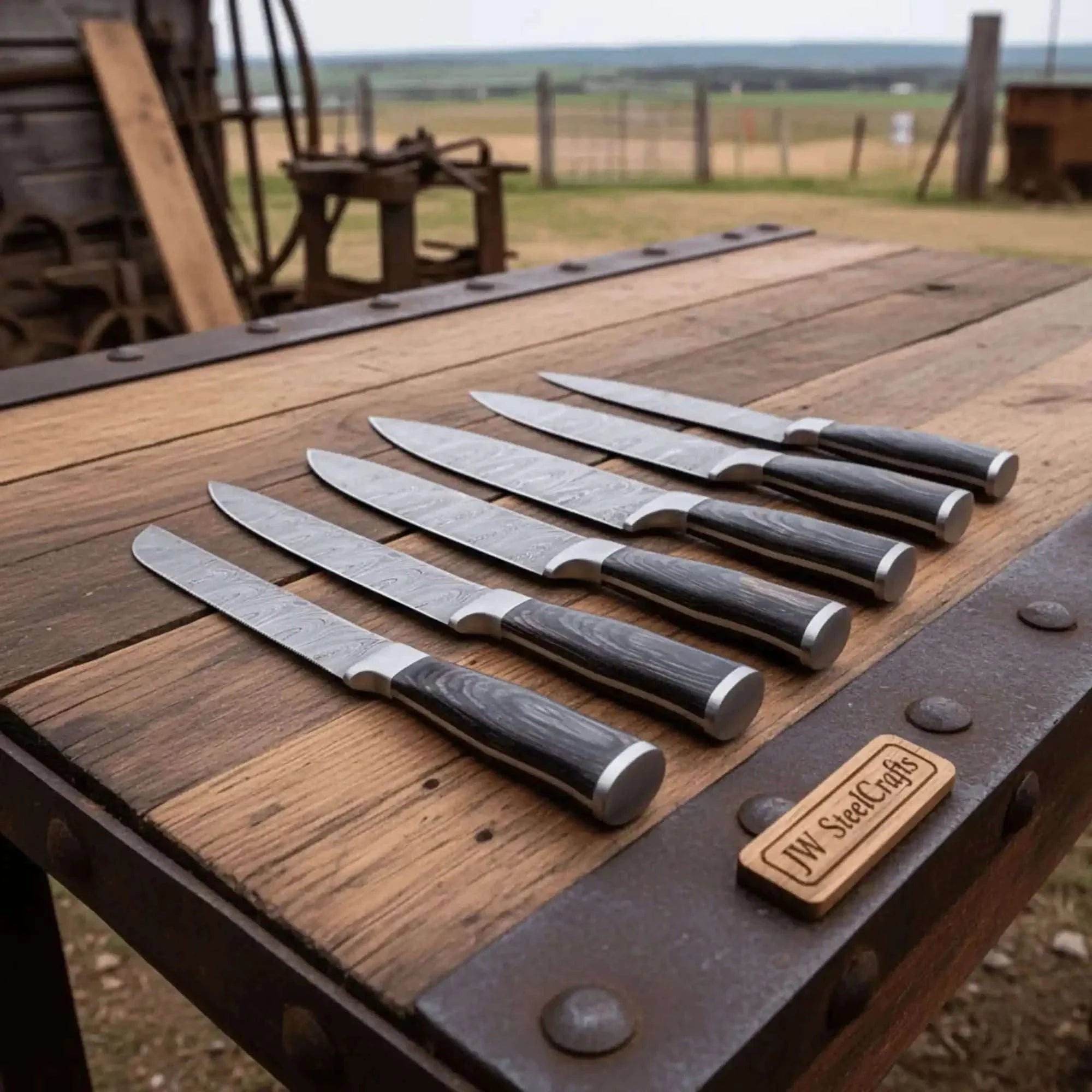 Palmarius Outdoors 6-Piece Ladder Pattern Damascus Knife Set with Black Wood Handles and Steel Bolsters Handmade Chef Knife Sets