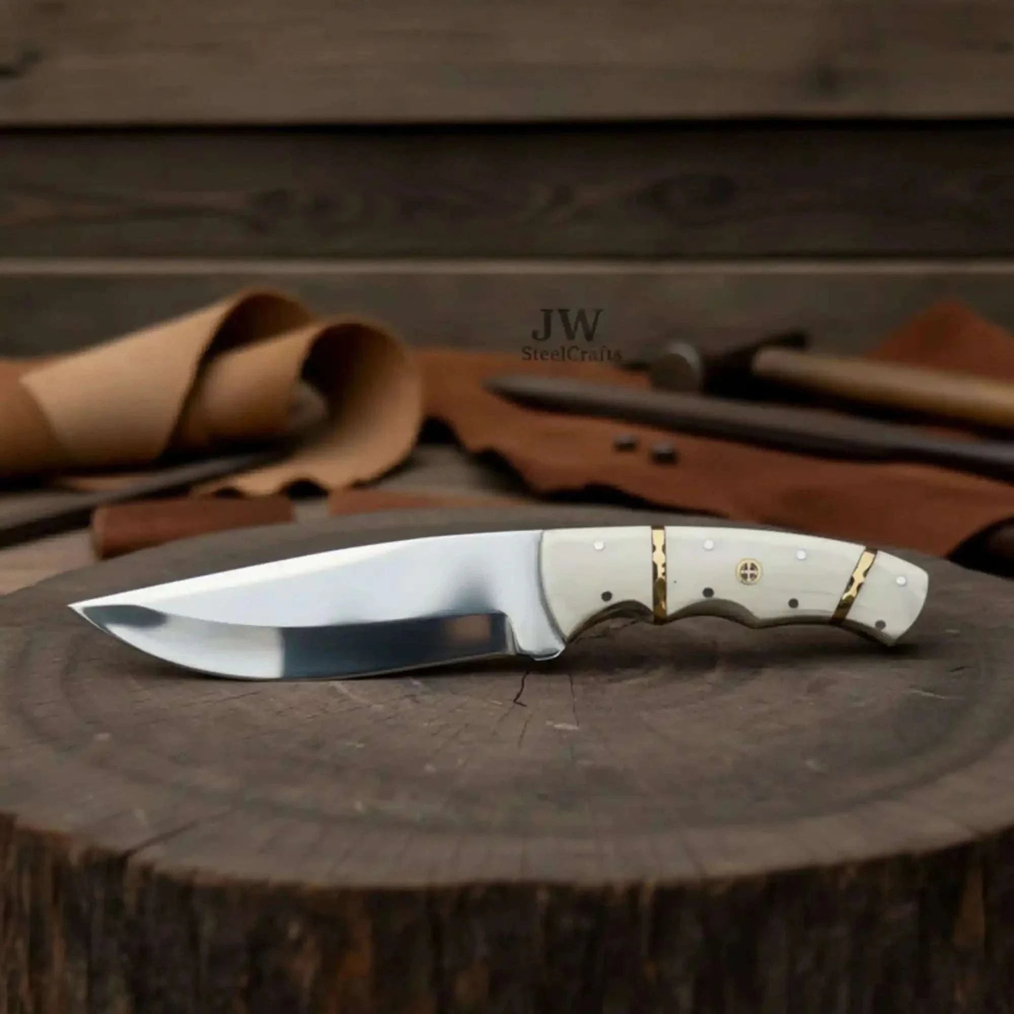 Palmarius Outdoors Ranch Hand Utility Knife Fixed Blade white resin Handle Full Tang Brass Spacer Western Knife 