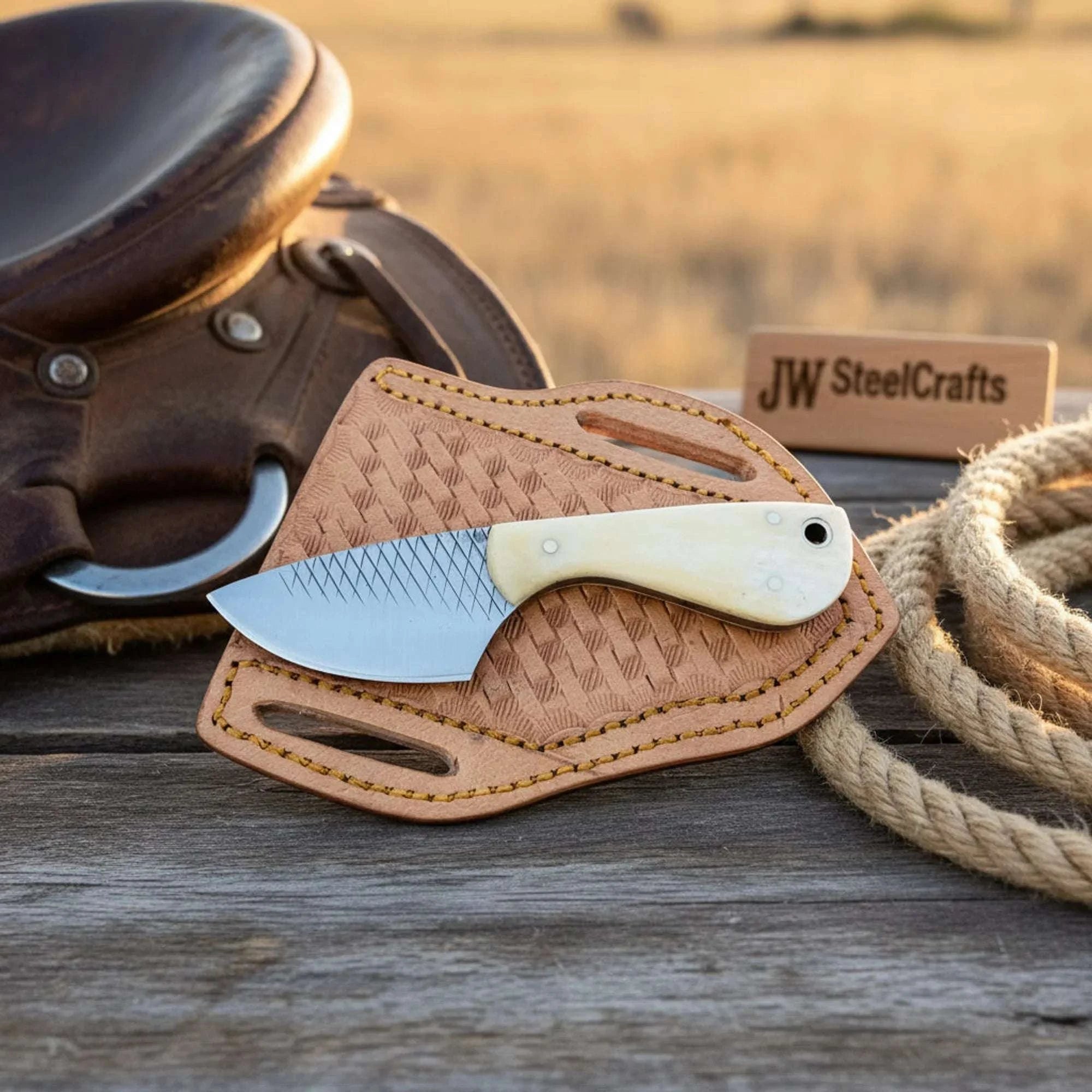 Palmarius Outdoors Handmade Rasp Steel Cowboy Knife White Bone Handle Western Pancake Leather Sheath 5" 