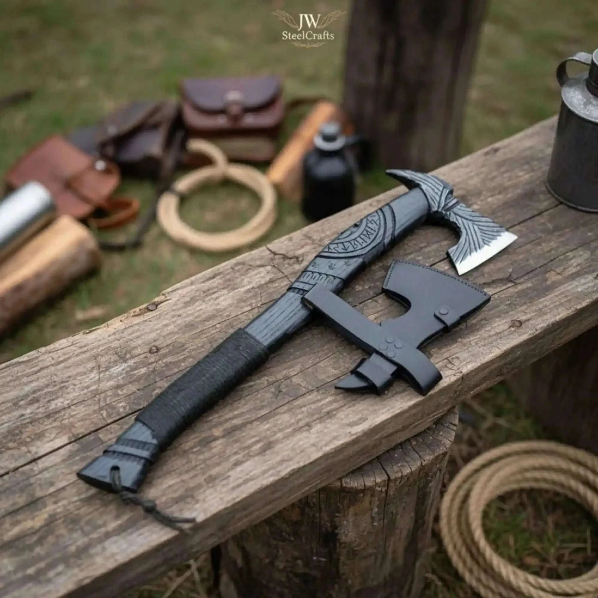 Palmarius Outdoors Hand Forged Viking Battle Axe with Carved Black Hardwood Handle Handmade Axe