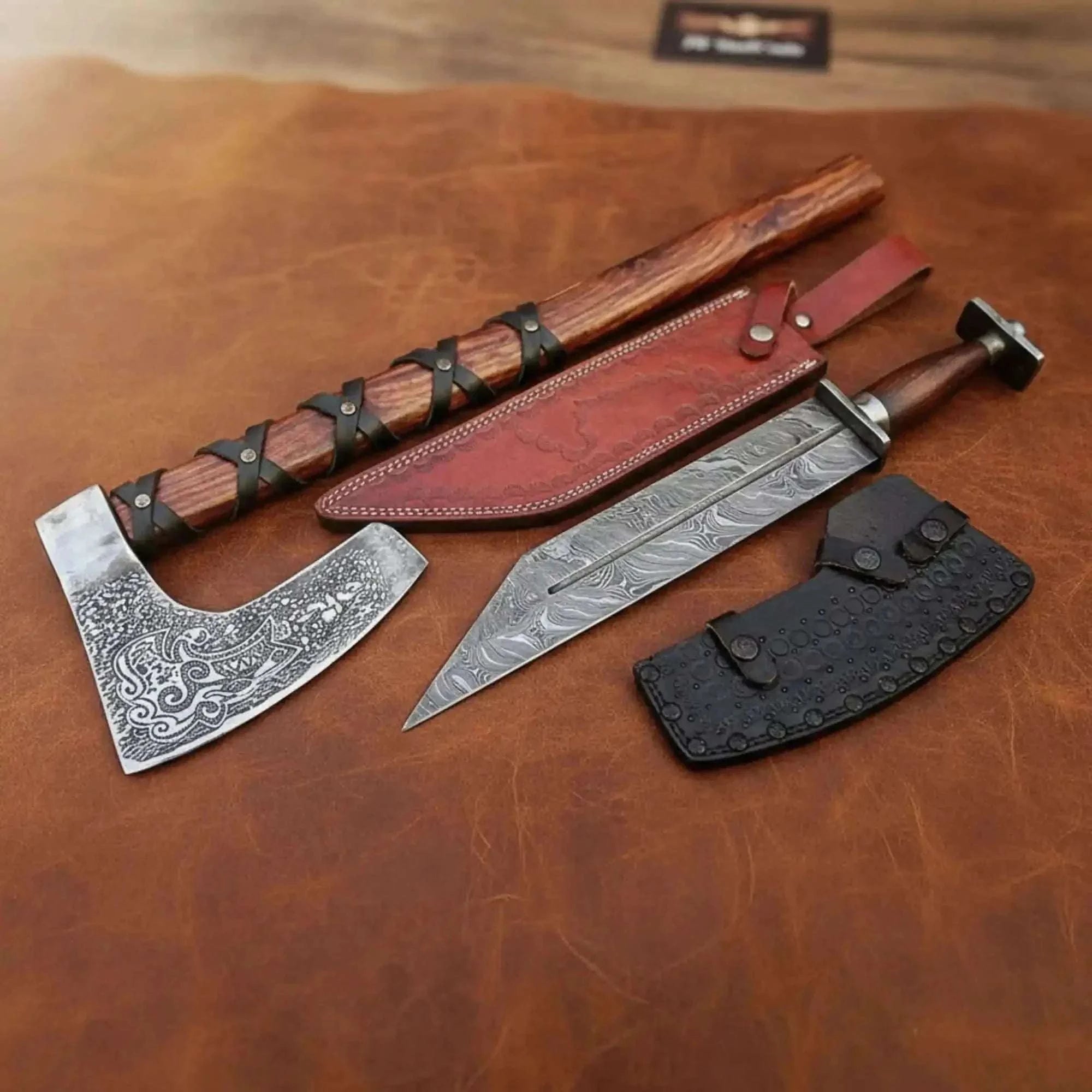 Palmarius Outdoors Handmade Viking Bearded Axe Knife Set-Forged Steel Blade, Wood Handle, Leather Sheath 
