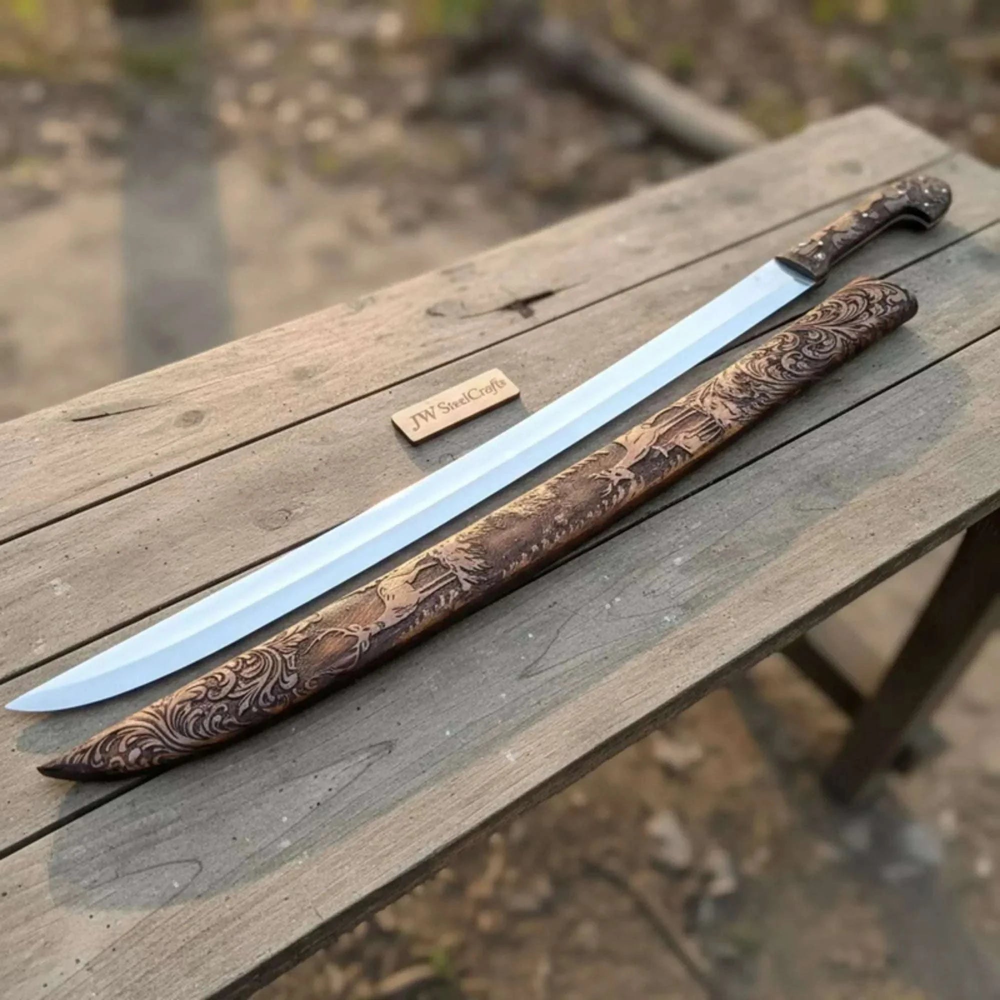 Palmarius Outdoors Handmade Shashka Sword 24” – Caucasian Saber Style Curved Blade with Engraved Scabbard 