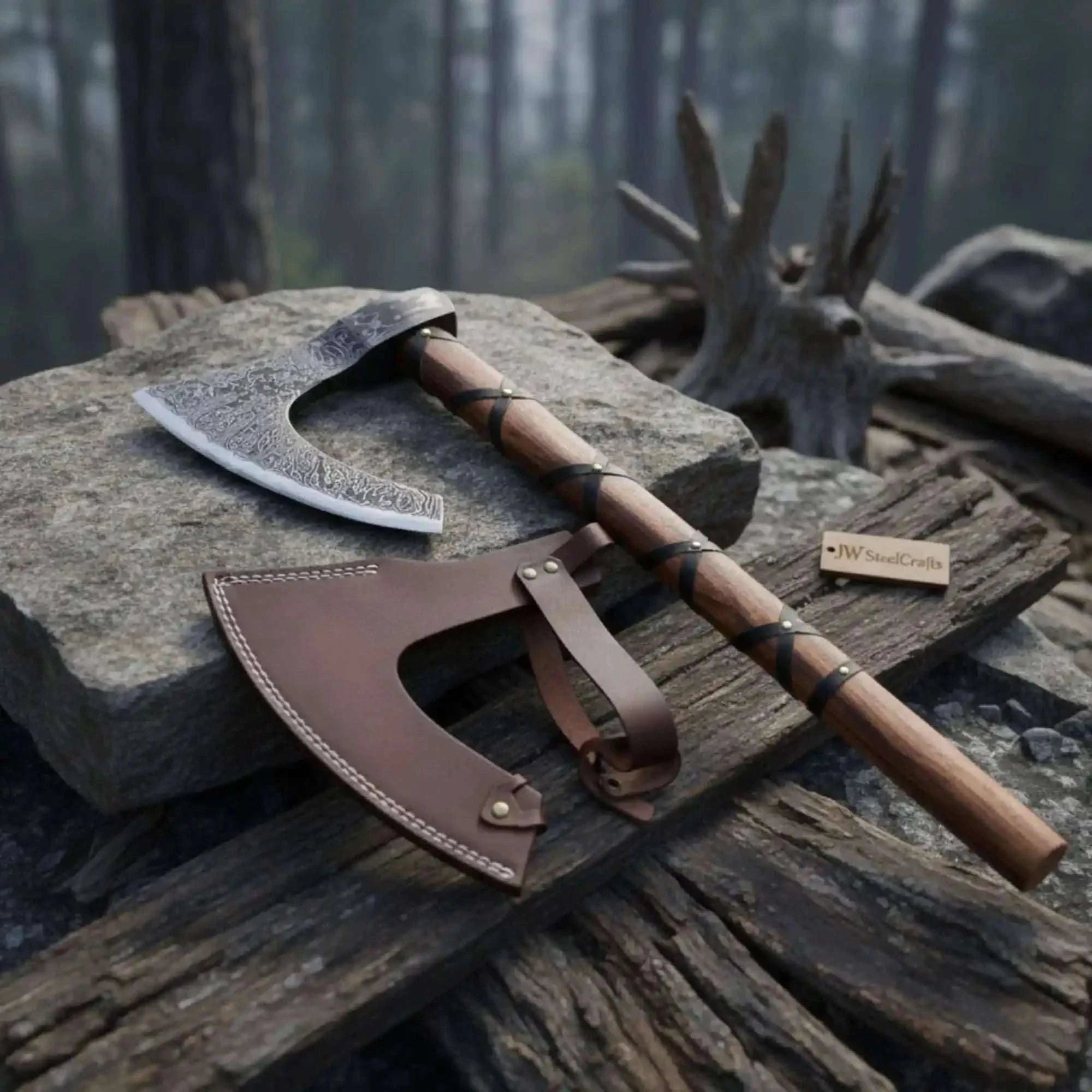 Palmarius Outdoors Handmade Damascus Skeggøx Bearded Axe with Leather Wrap and Sheath Handmade Axe
