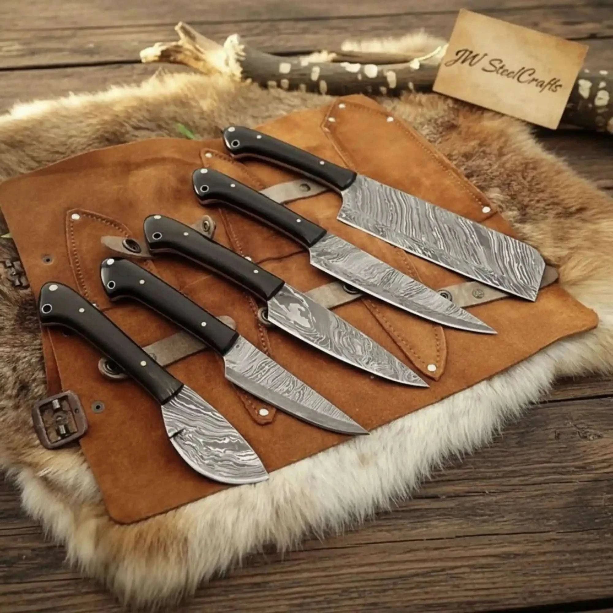Palmarius Outdoors 5-Piece Damascus Kitchen Knife Set — Chef, Cleaver, Santoku, Utility & Paring with Dark Rosewood Handles & Leather Roll Handmade Chef Knife Sets