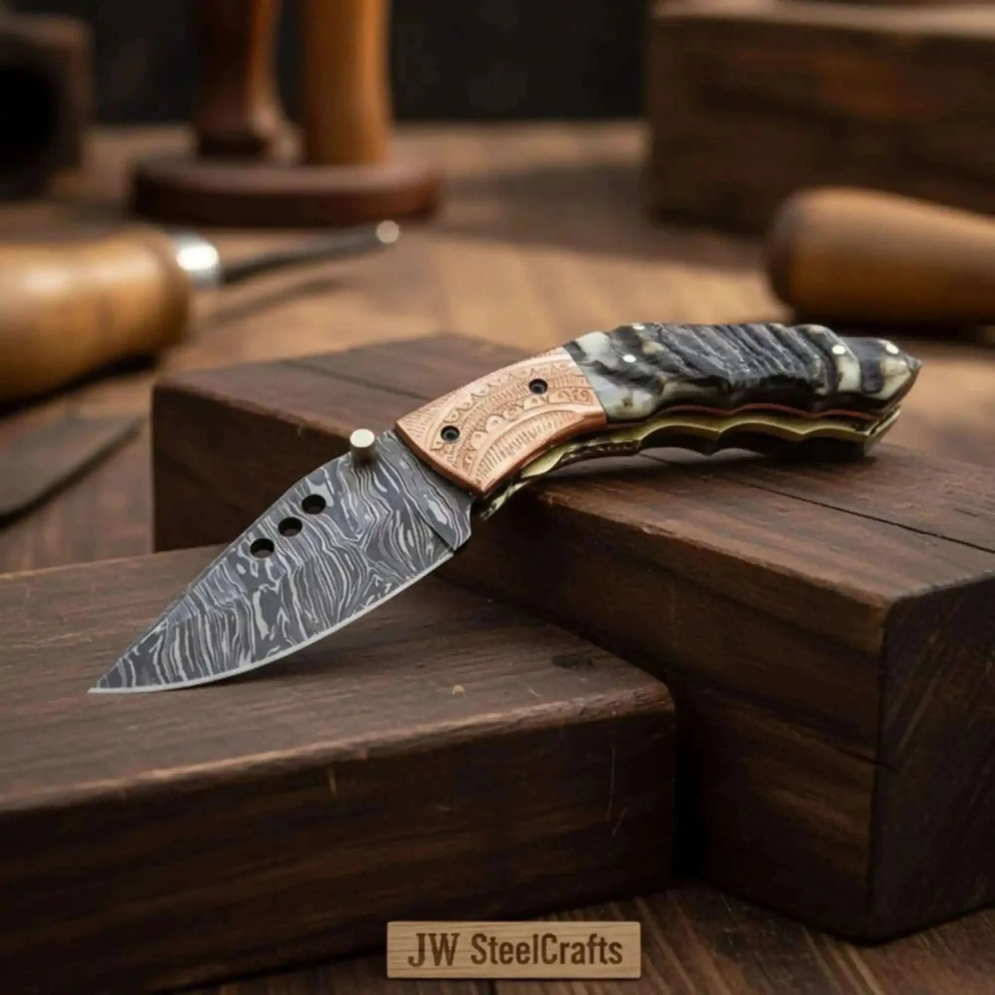 Palmarius Outdoors Handmade Damascus Steel Folding Knife with Engraved Metal Handle – Premium EDC Pocket Knife Liner Lock Folder