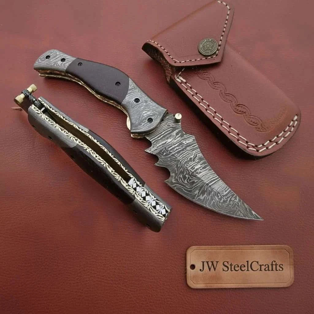 Palmarius Outdoors Outback Tracker Damascus Folding Knife with Jimped Spine Liner Lock Folder