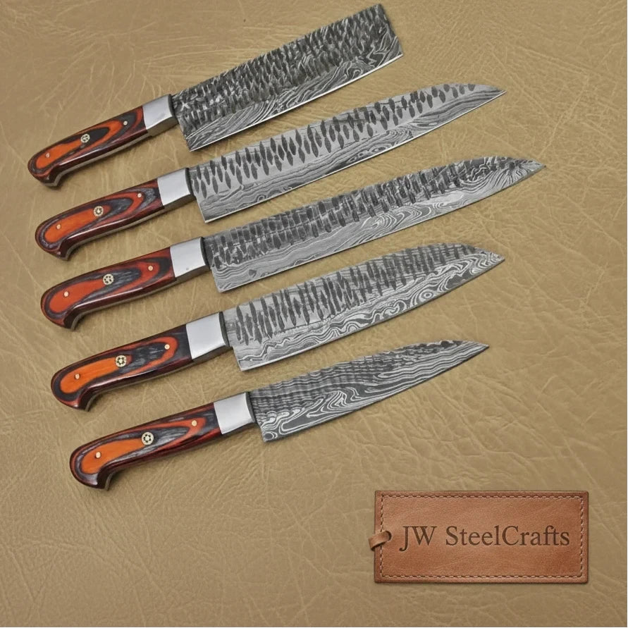 Palmarius Outdoors 5-Piece Damascus Knife Set Orange Black Pakka Wood Handles with Hammered Tsuchime Blades Handmade Chef Knife Sets