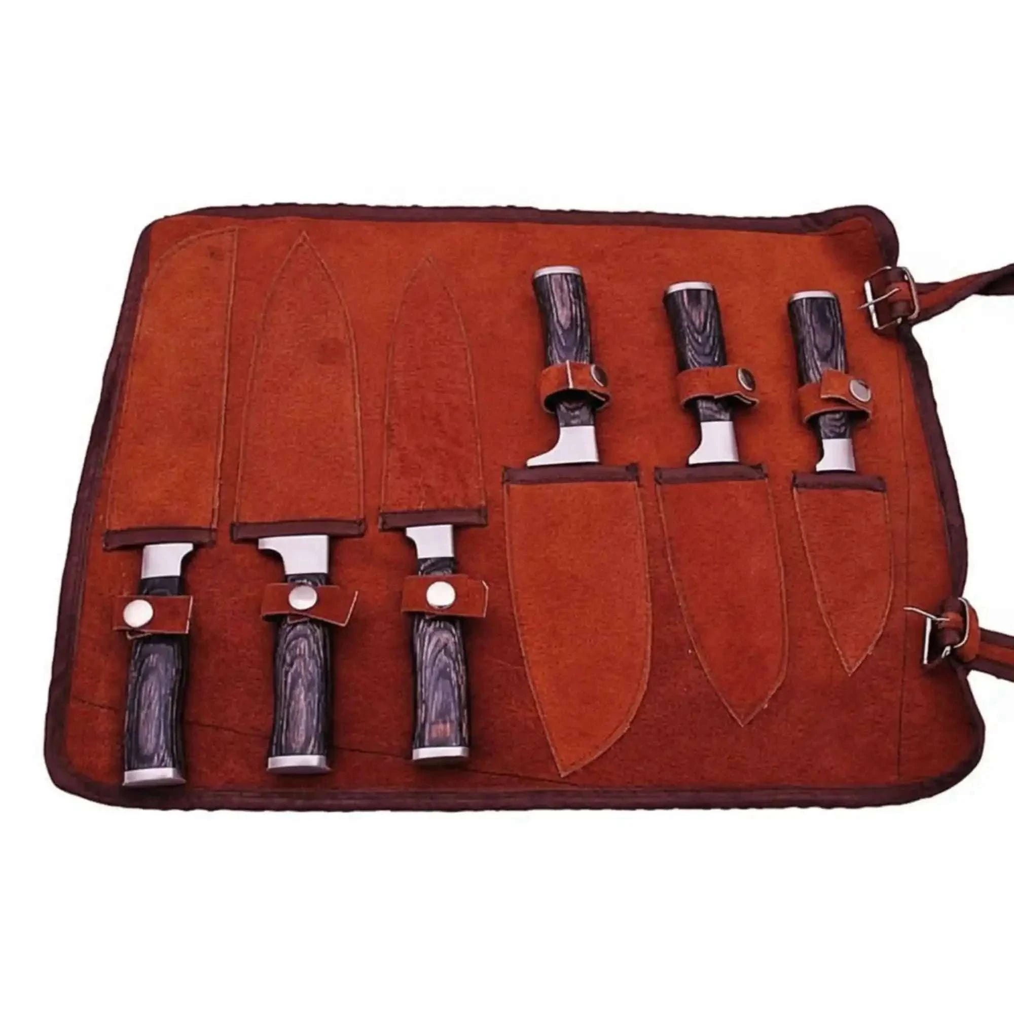 Palmarius Outdoors 6-Piece Ladder Pattern Damascus Knife Set with Black Wood Handles and Steel Bolsters Handmade Chef Knife Sets
