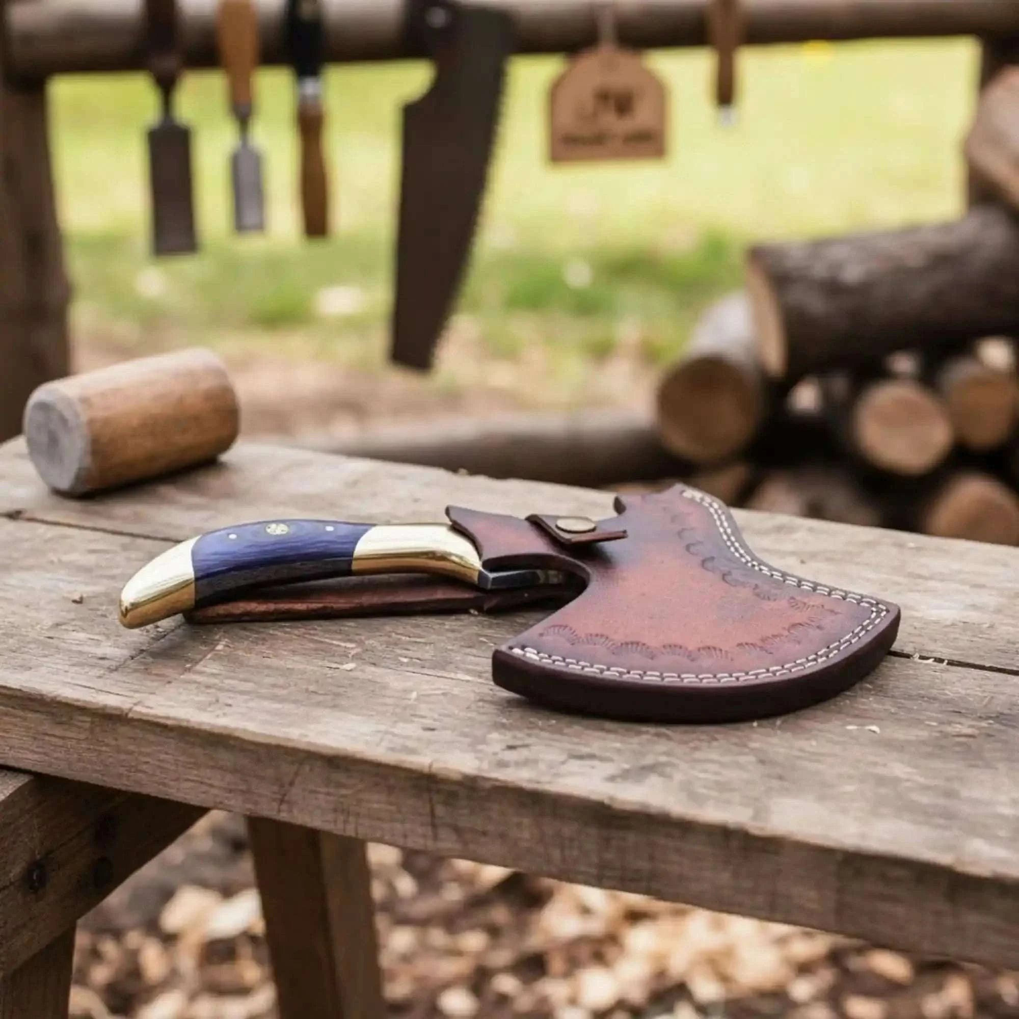 Palmarius Outdoors Hand Forged Damascus Pizza Slicer Axe with Raindrop Forged Blade Handmade Axe
