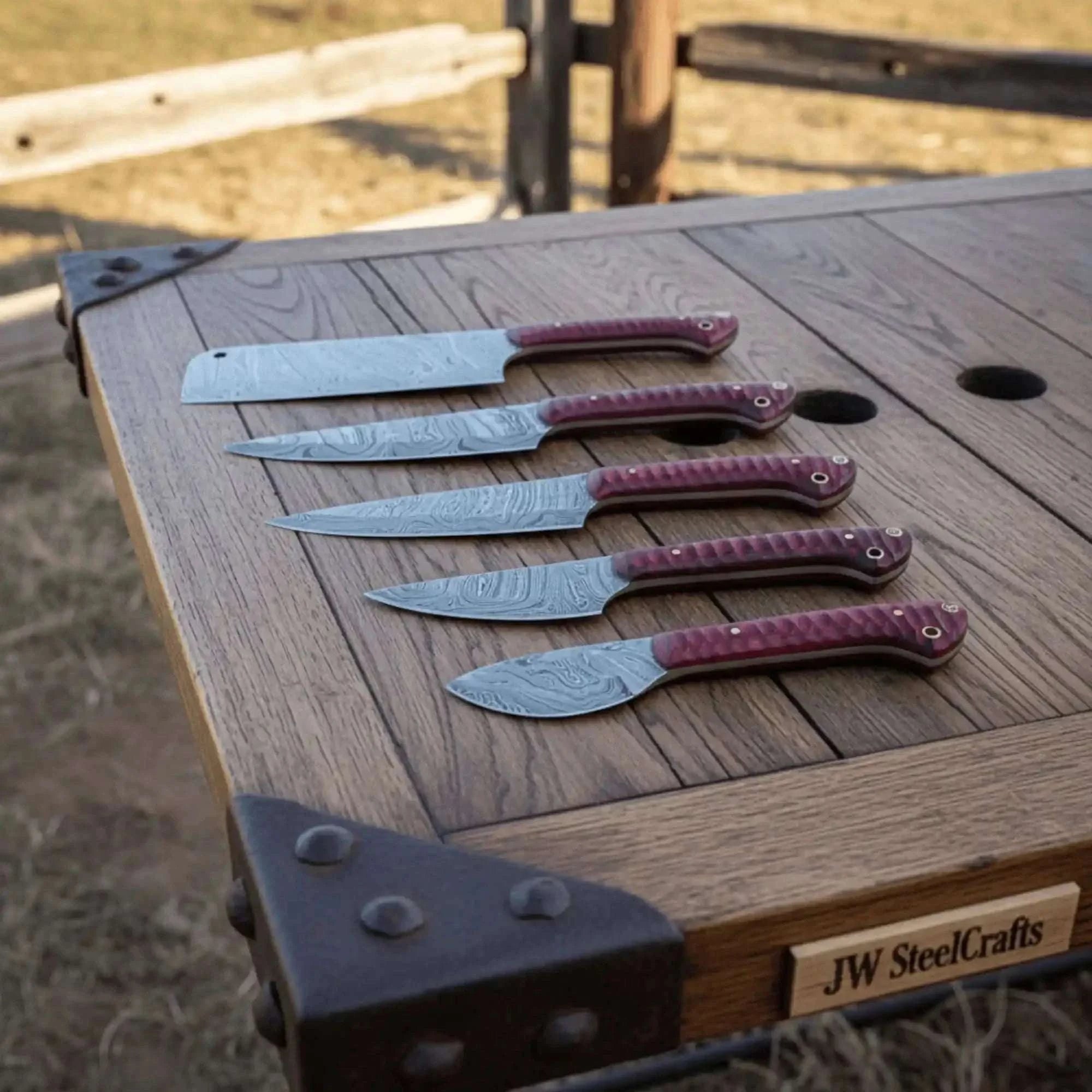 Palmarius Outdoors 6-Piece Damascus Knife Set with Red Wood Handles and Brass Pins Handmade Chef Knife Sets