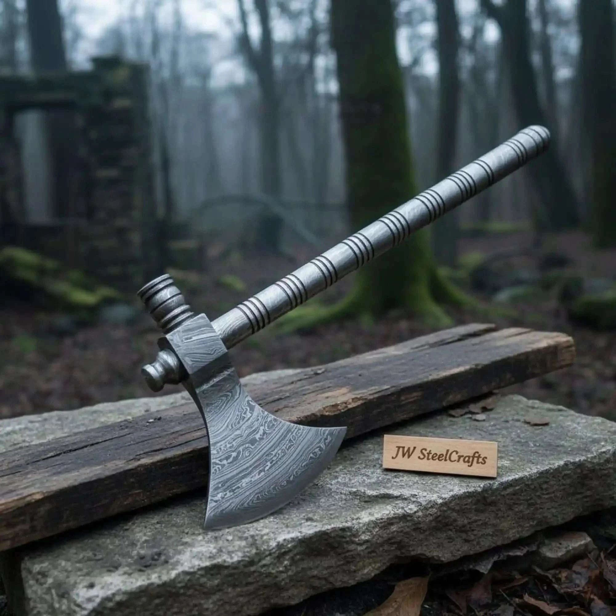 Palmarius Outdoors Damascus Steel Smoking Pipe Axe – Hand Forged Functional Pipe Tomahawk with Carved Hardwood Handle | JW SteelCrafts Handmade Axe