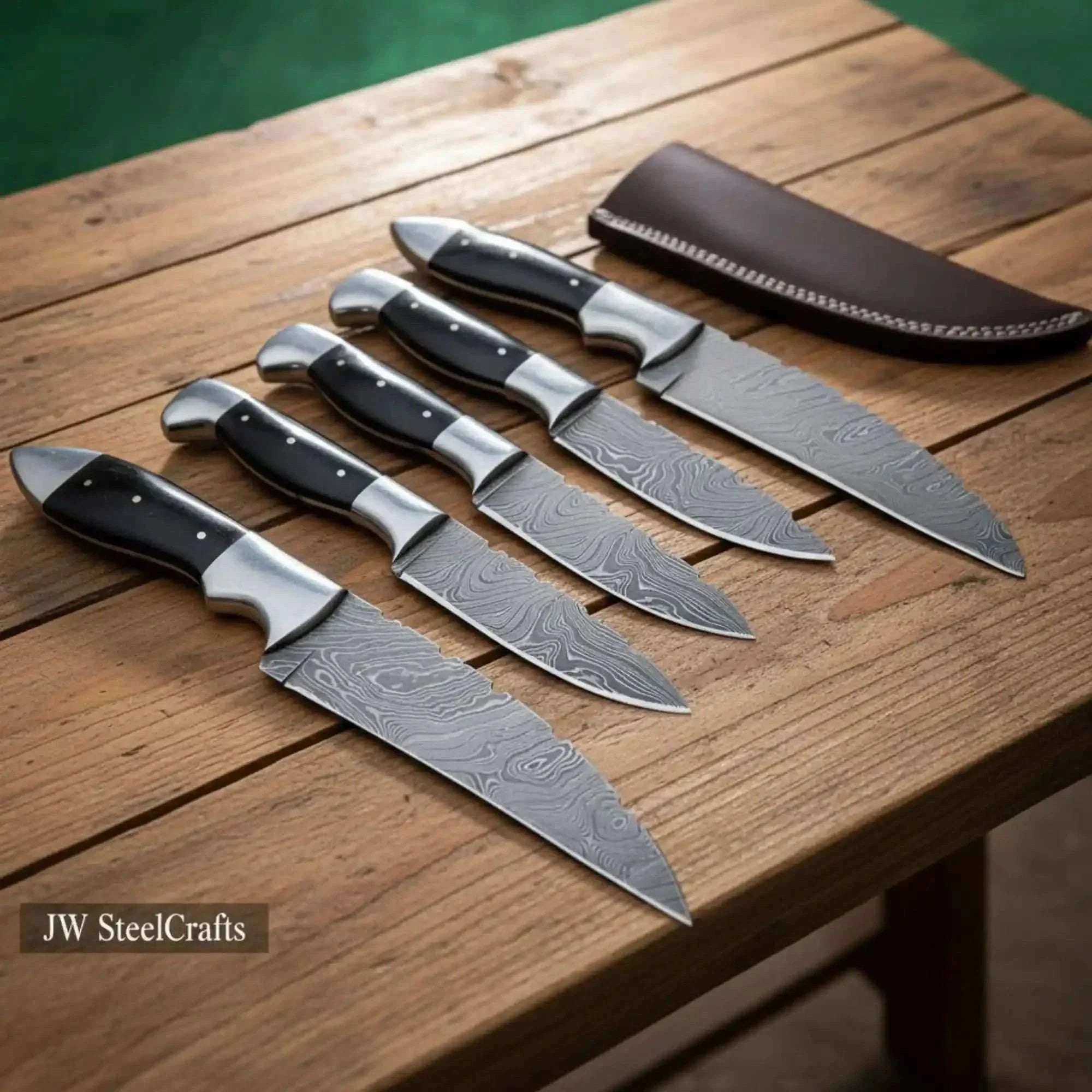 Palmarius Outdoors 5-Piece Hunting Knife Set with Buffalo Horn Handle — Ladder Damascus Blades & Black Buffalo Horn Handles Hunting Knife