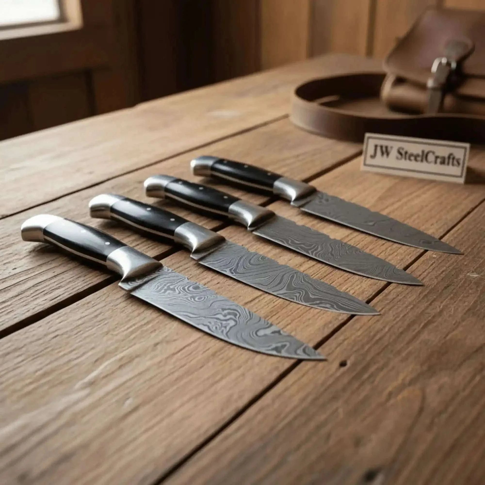 Palmarius Outdoors 5-Piece Hunting Knife Set with Buffalo Horn Handle — Ladder Damascus Blades & Black Buffalo Horn Handles Hunting Knife