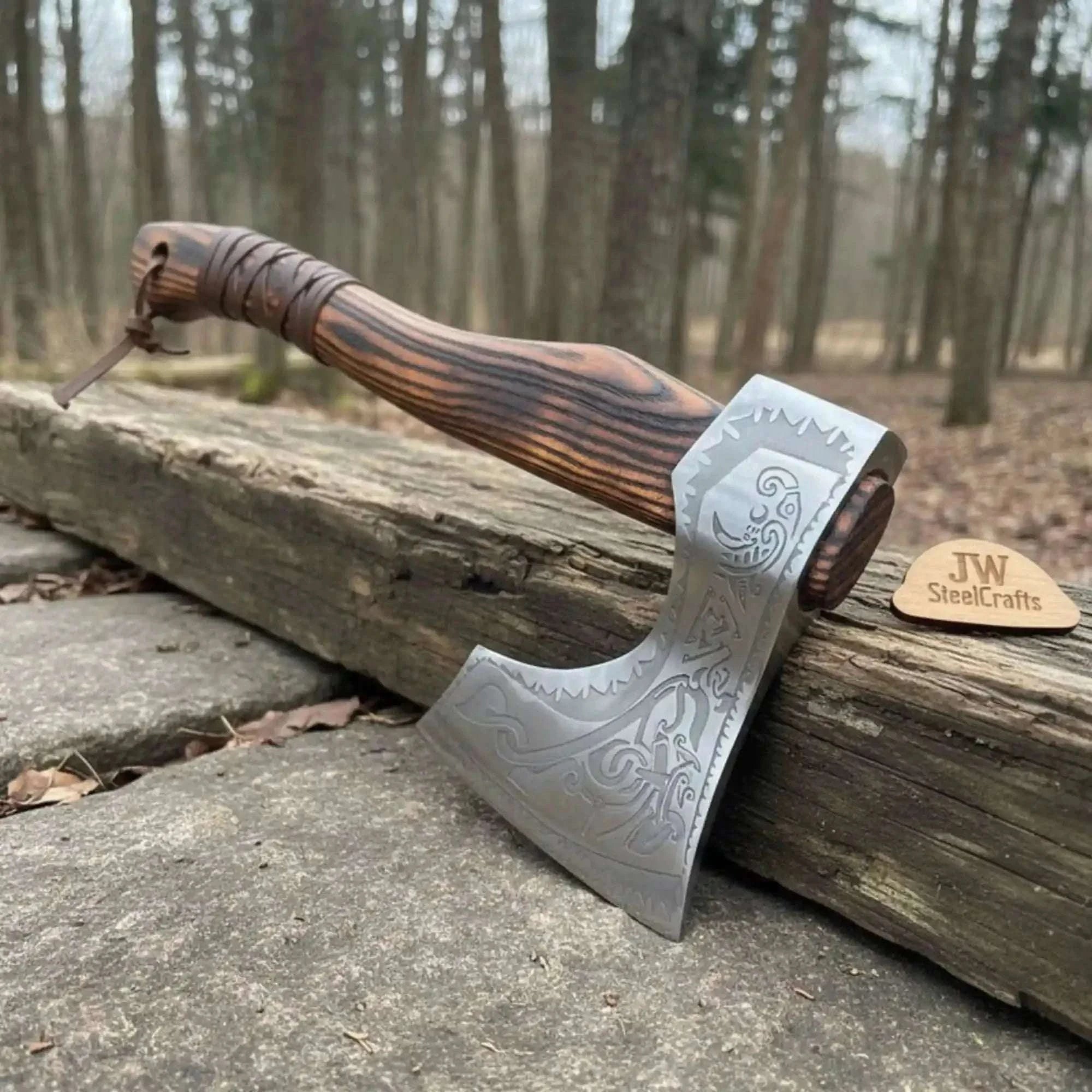 Palmarius Outdoors Engraved Carbon Steel Ragnar Axe with Bearded Head Handmade Axe