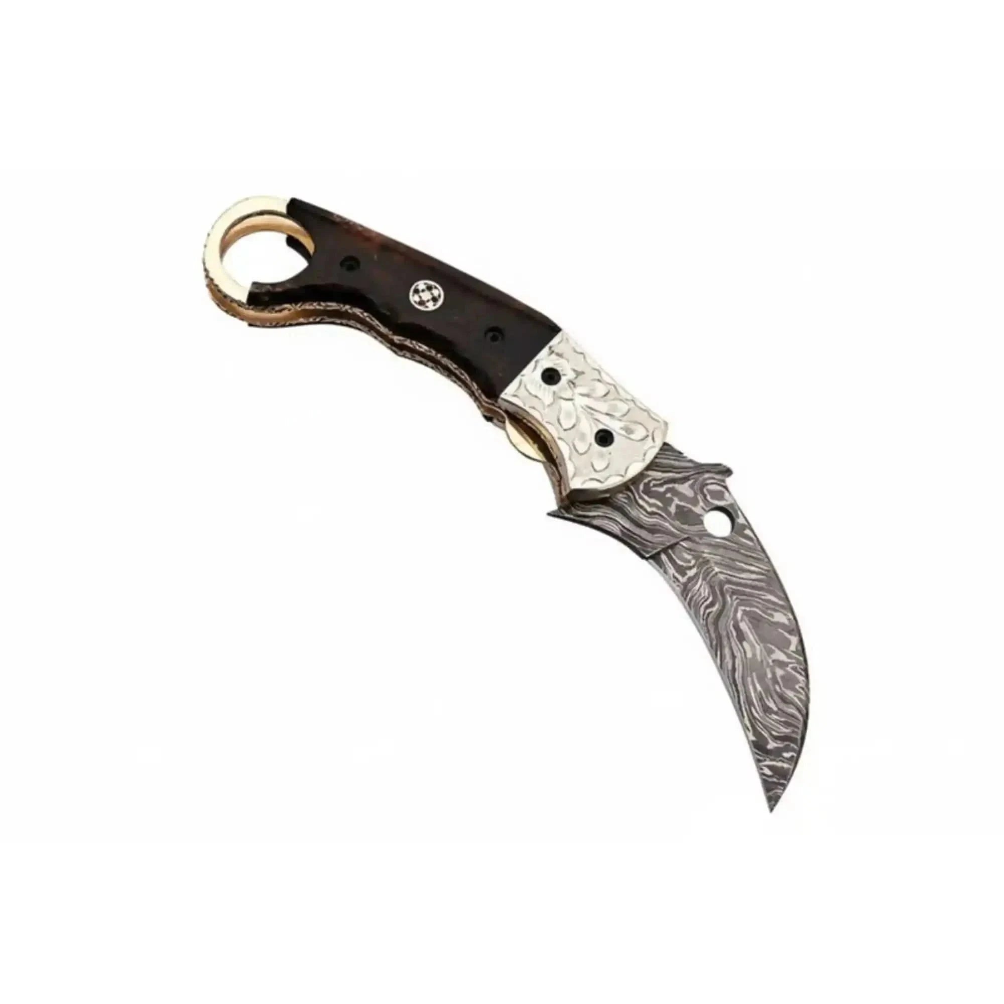 Palmarius Outdoors Handmade Damascus Folding Karambit Knife with Ring Handle, Dark Wood Grip & Engraved Bolster Liner Lock Folder