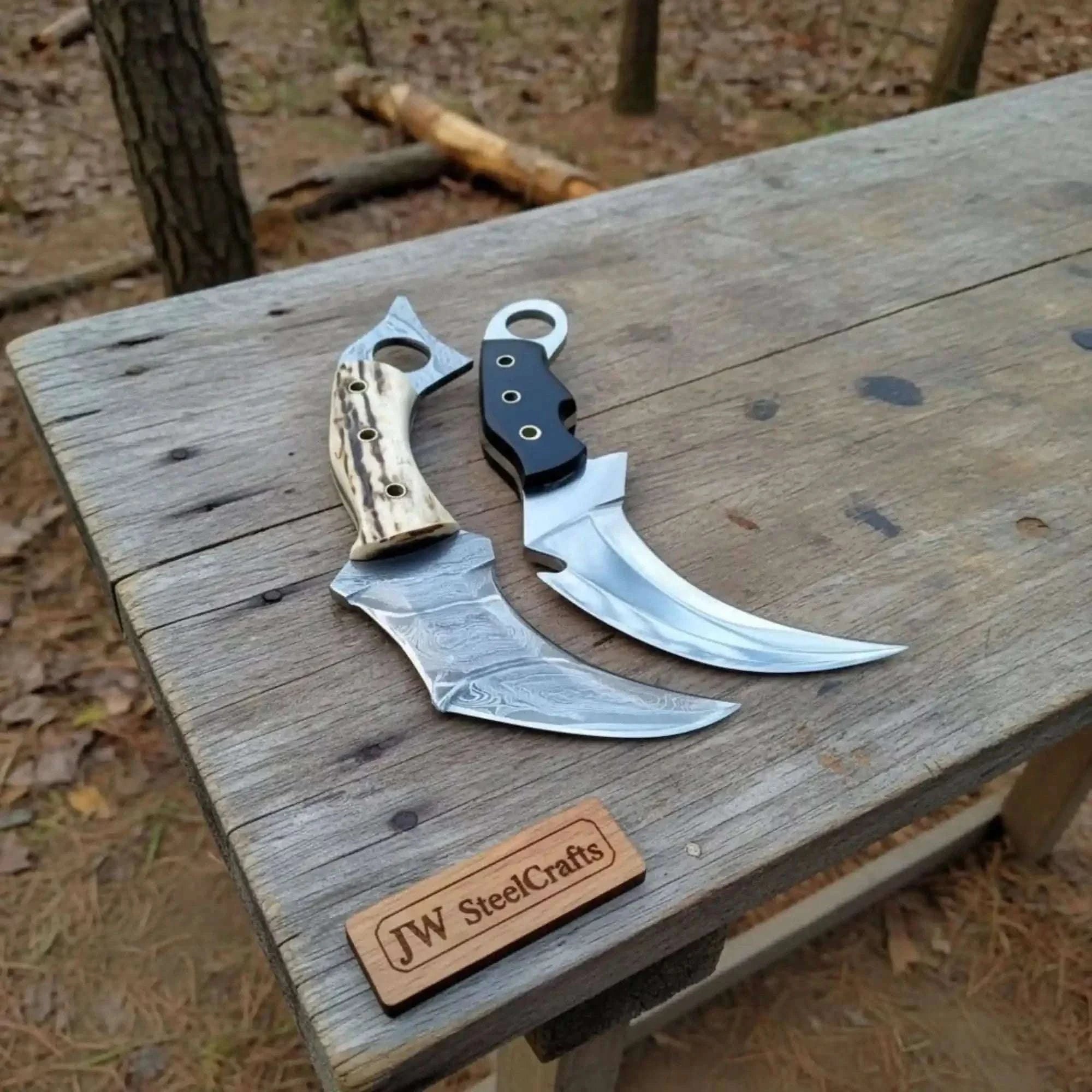 Palmarius Outdoors Damascus Steel Karambit Pair, Stag Horn & Wood Handle, 9-inch Blade karambit knife